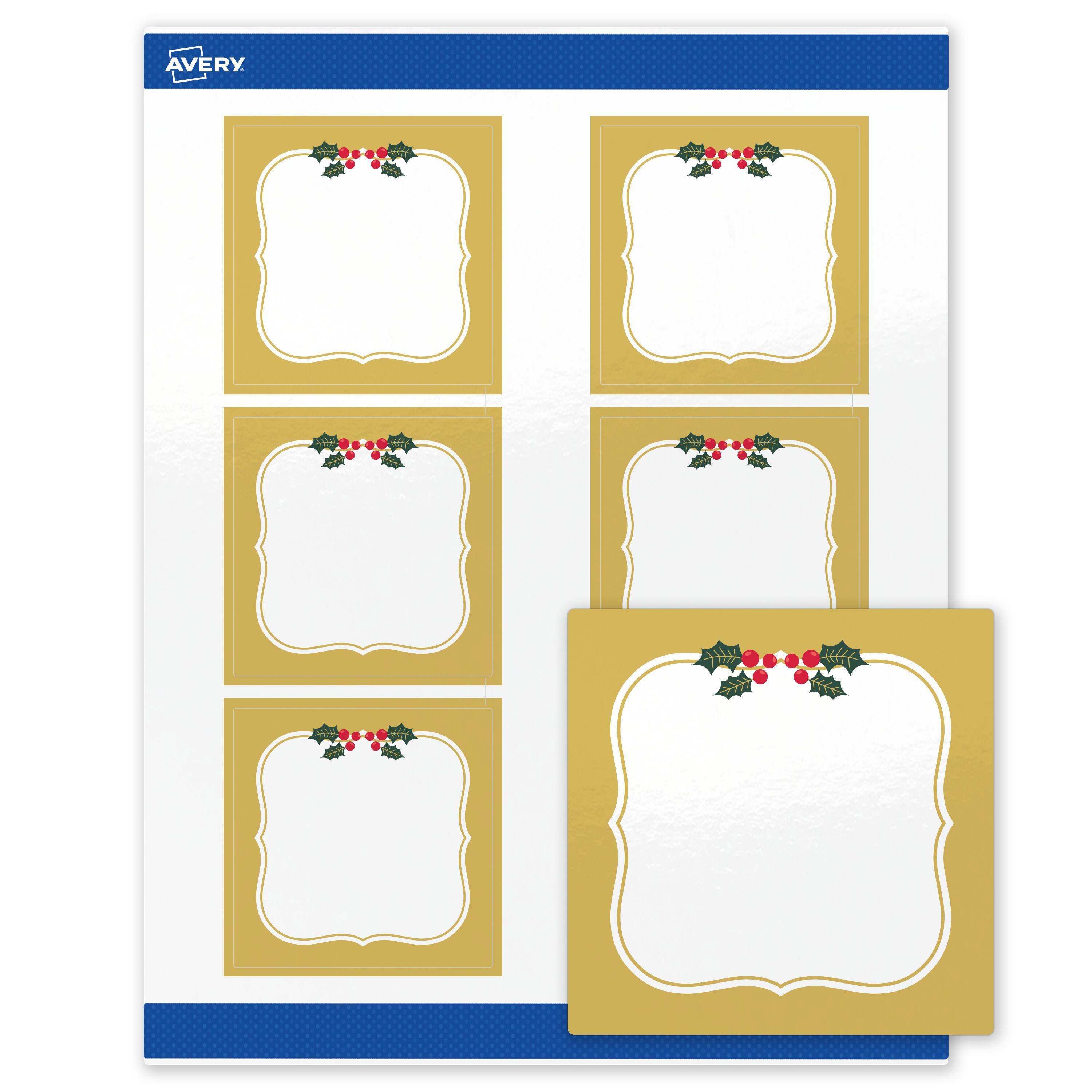 Front. Avery - Avery® Labels, 3" x 3", Glossy White, Gold Frame/Holly Berries - White.