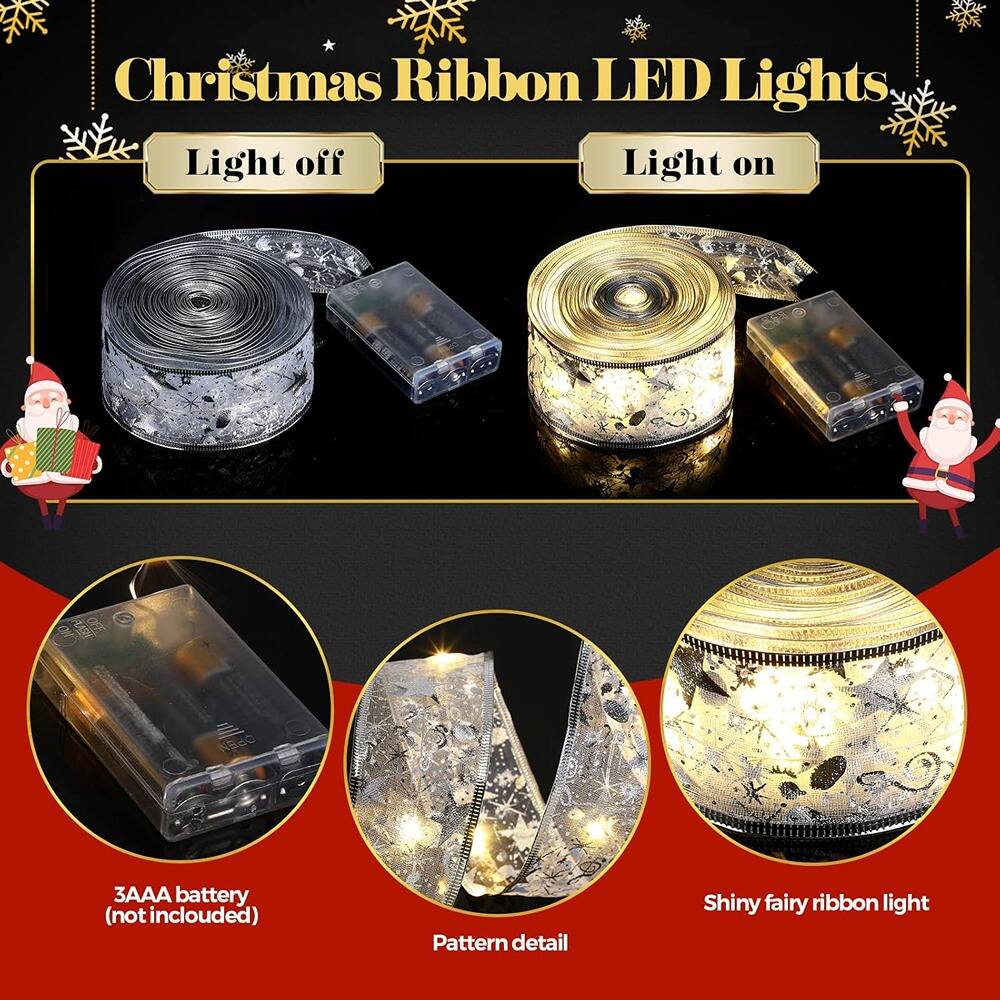Christmas Ribbon LED Lights

Light off

Light on

3AAA battery (not included)

Pattern detail

Shiny fairy ribbon light