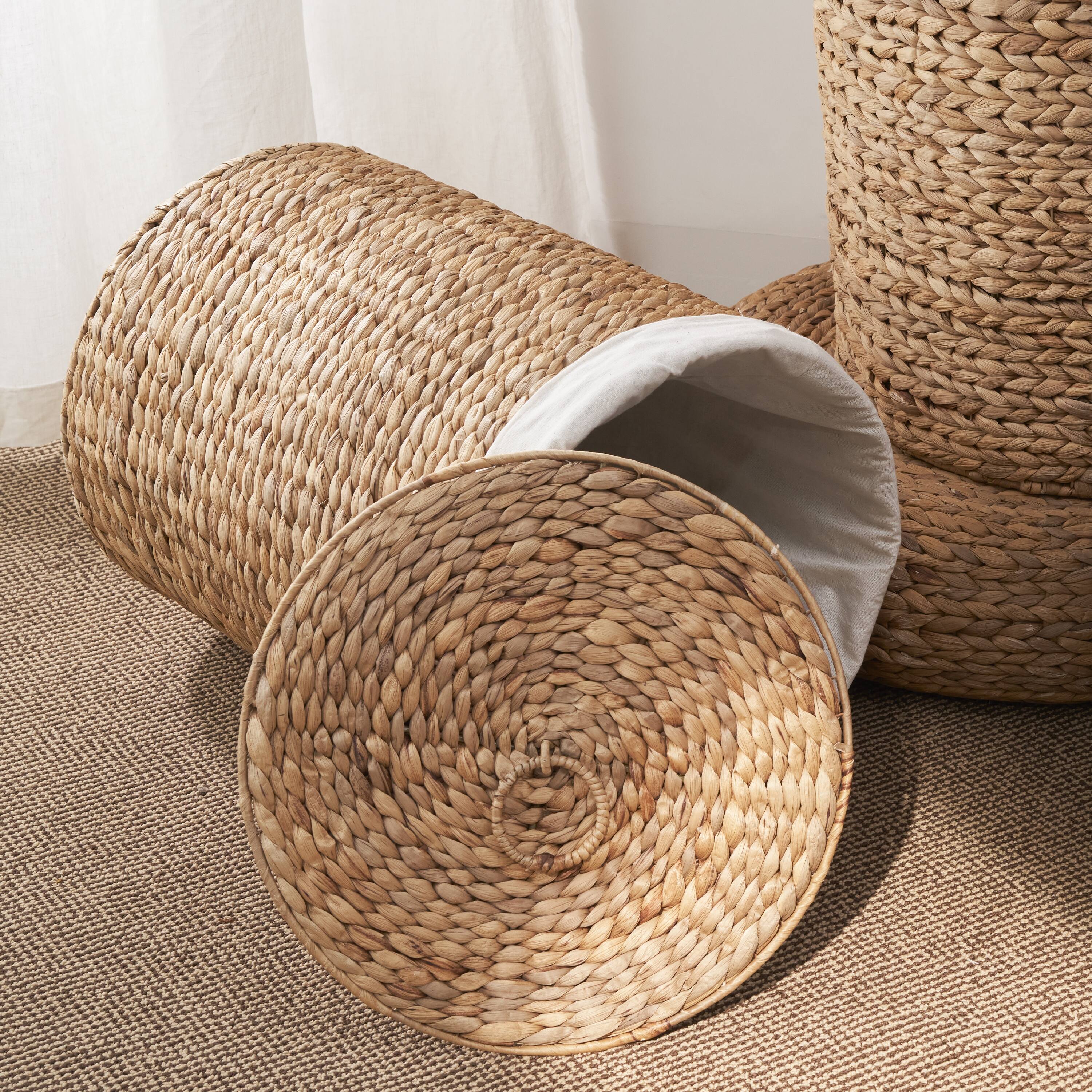 Alt View 2. MOOSOO - Round Tall Water Hyacinth Woven Wicker Laundry Hamper with Lid For Clothes, Canvas, Toys with Removable Liner - Natural Brown.