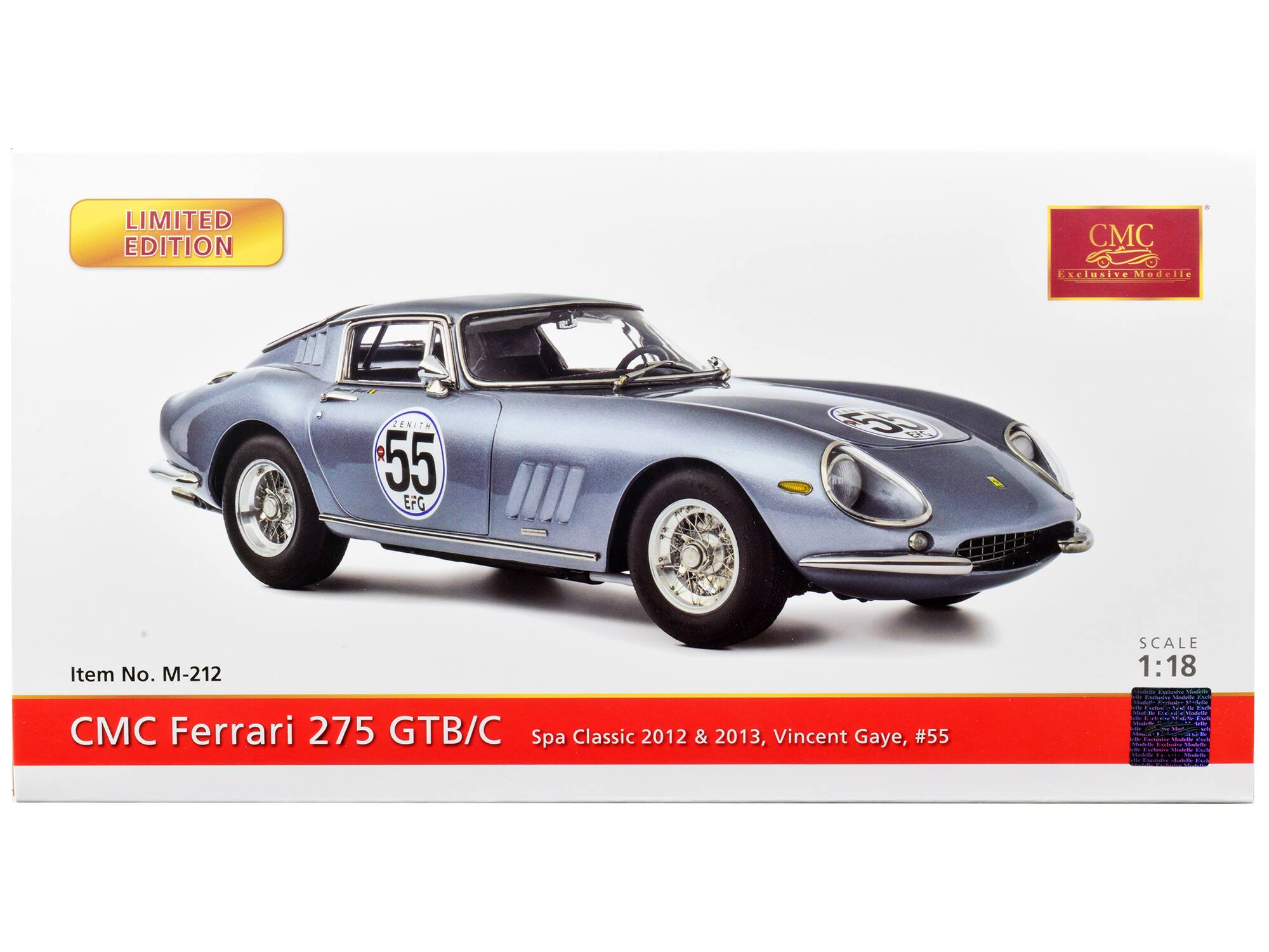 LIMITED EDITION

CMC Exclusive Modelle

ZENITH D 55 EFG

Item No. M-212

SCALE 1:18

CMC Ferrari 275 GTB/C

Spa Classic 2012 & 2013, Vincent Gaye, #55
