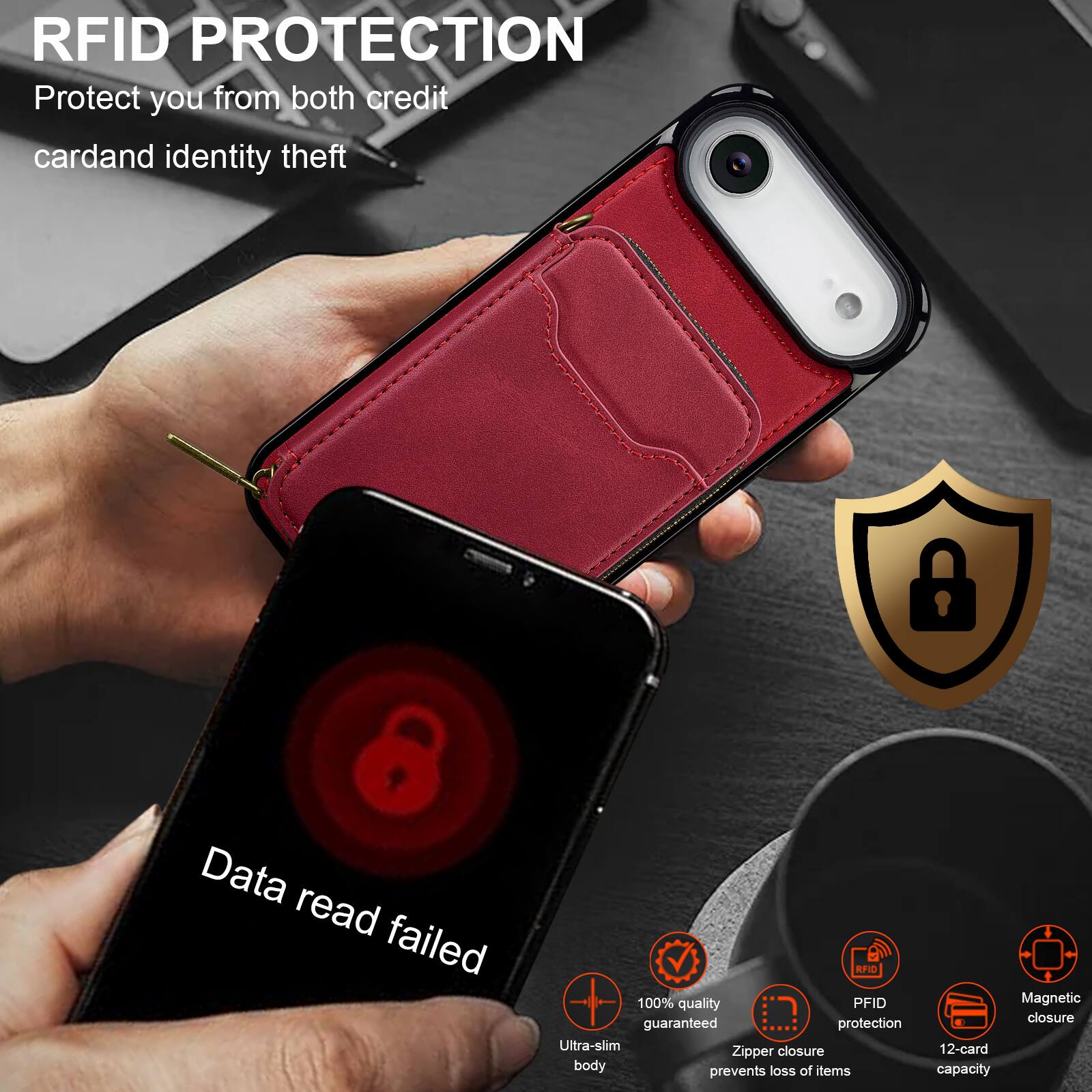 RFID PROTECTION  
Protect you from both credit card and identity theft  

Data read failed  

100% quality guaranteed protection  
Ultra-slim closure  
Zipper body prevents loss of items  
Magnetic closure  
12-card capacity  

RFID PROTECTION  
Protect you from both credit card and identity theft