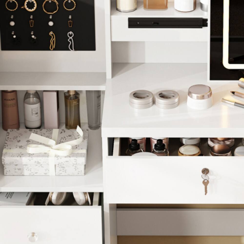 Left. LUCKY ONE - Vanity Set with Sliding Lighted Mirror, 4 Drawers, 9 Storage Spaces and Cushioned Stool for Bedroom - White.