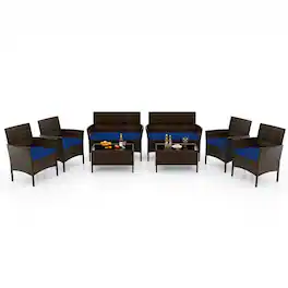 Costway - 8 PCS Patio Furniture Set with Washable Cushions and Tempered Glass Coffee Table - Mix Brown + Navy