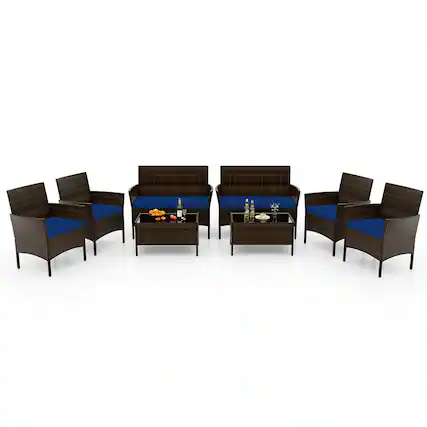 Front. Costway - 8 PCS Patio Furniture Set with Washable Cushions and Tempered Glass Coffee Table - Mix Brown + Navy.