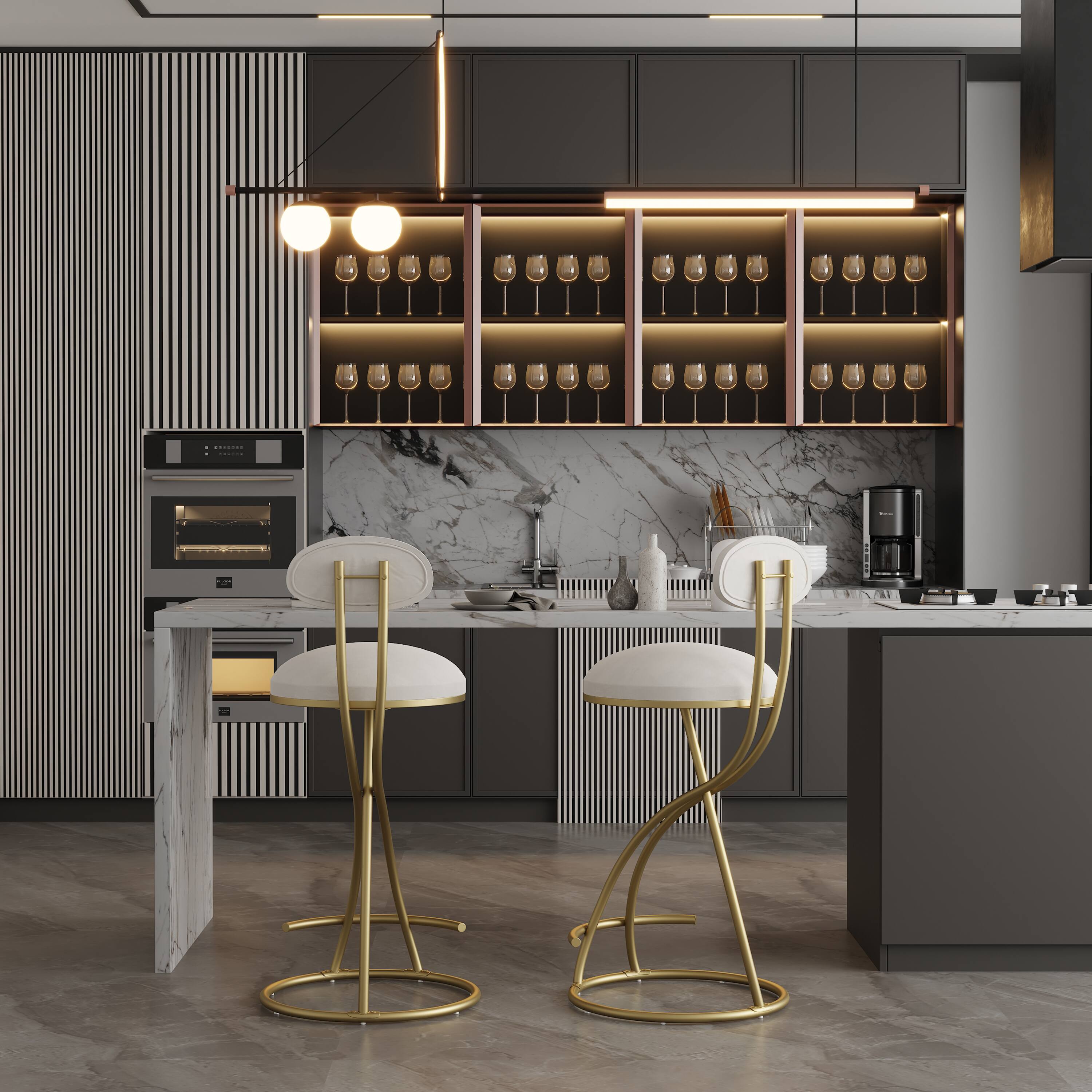 Back. SlickBlue - Set of 2 Round Bar Stools Armless Barstools with Back for Kitchen & Bar Seating - Gold, Cream White.