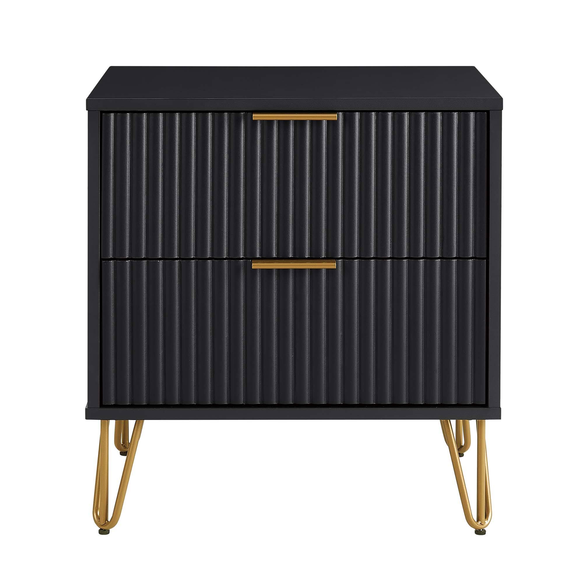 Front. Tiramisubest - Modern 2-Drawer Nightstand in Black, Gold Metal Handles, Splayed Legs, Snap Assembly - Black.