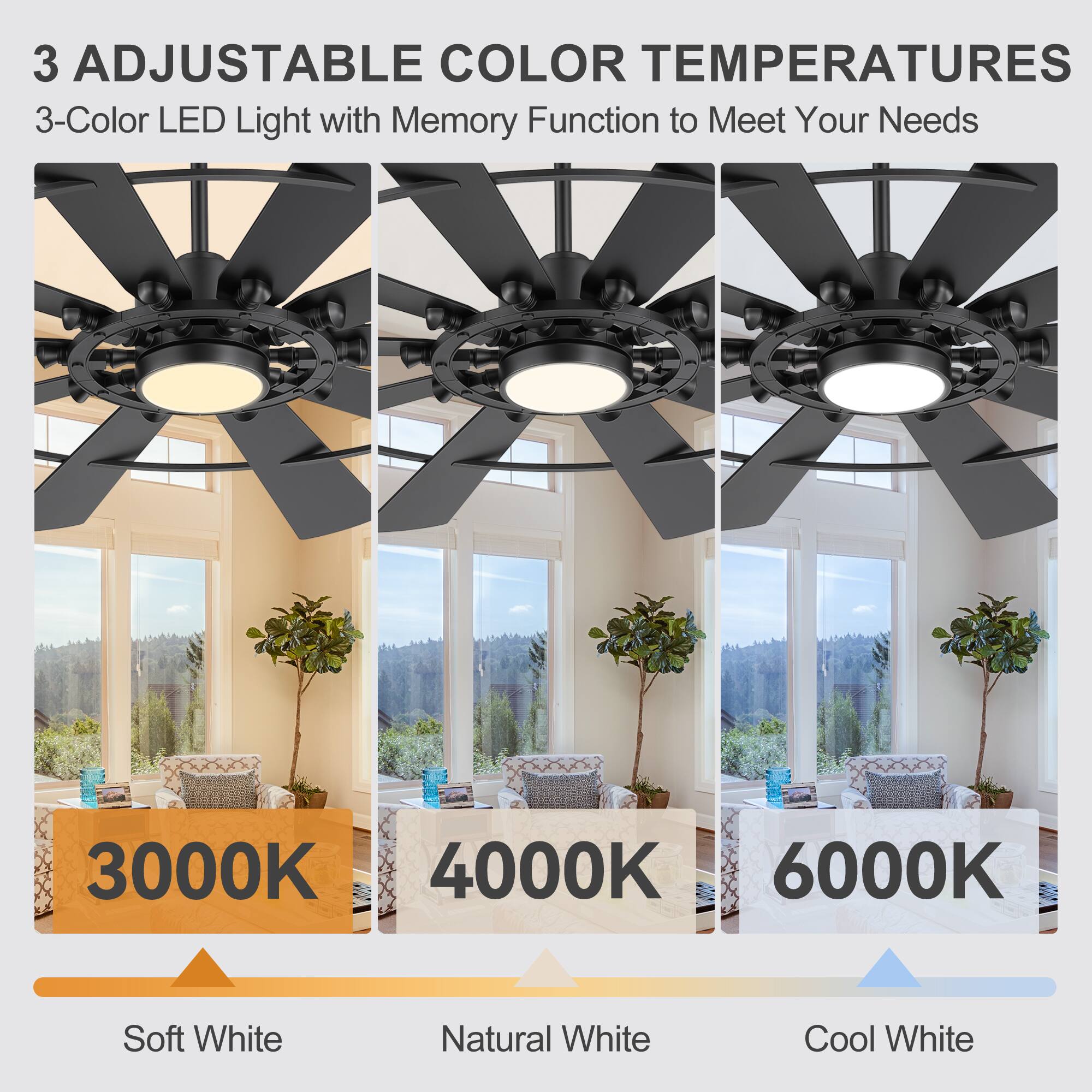3 Adjustable Color Temperatures  
3-Color LED Light with Memory Function to Meet Your Needs  
3000K Soft White  
4000K Natural White  
6000K Cool White