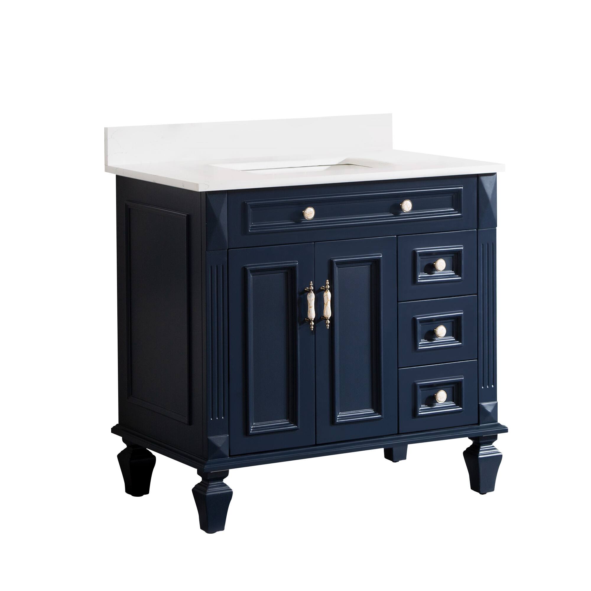Alt View 6. WELLFOR - ARTWOOD 36 in. Solid Wood Bath Vanity with Quartz Top, Single Sink, Soft Close, Assembled - Navy Blue.