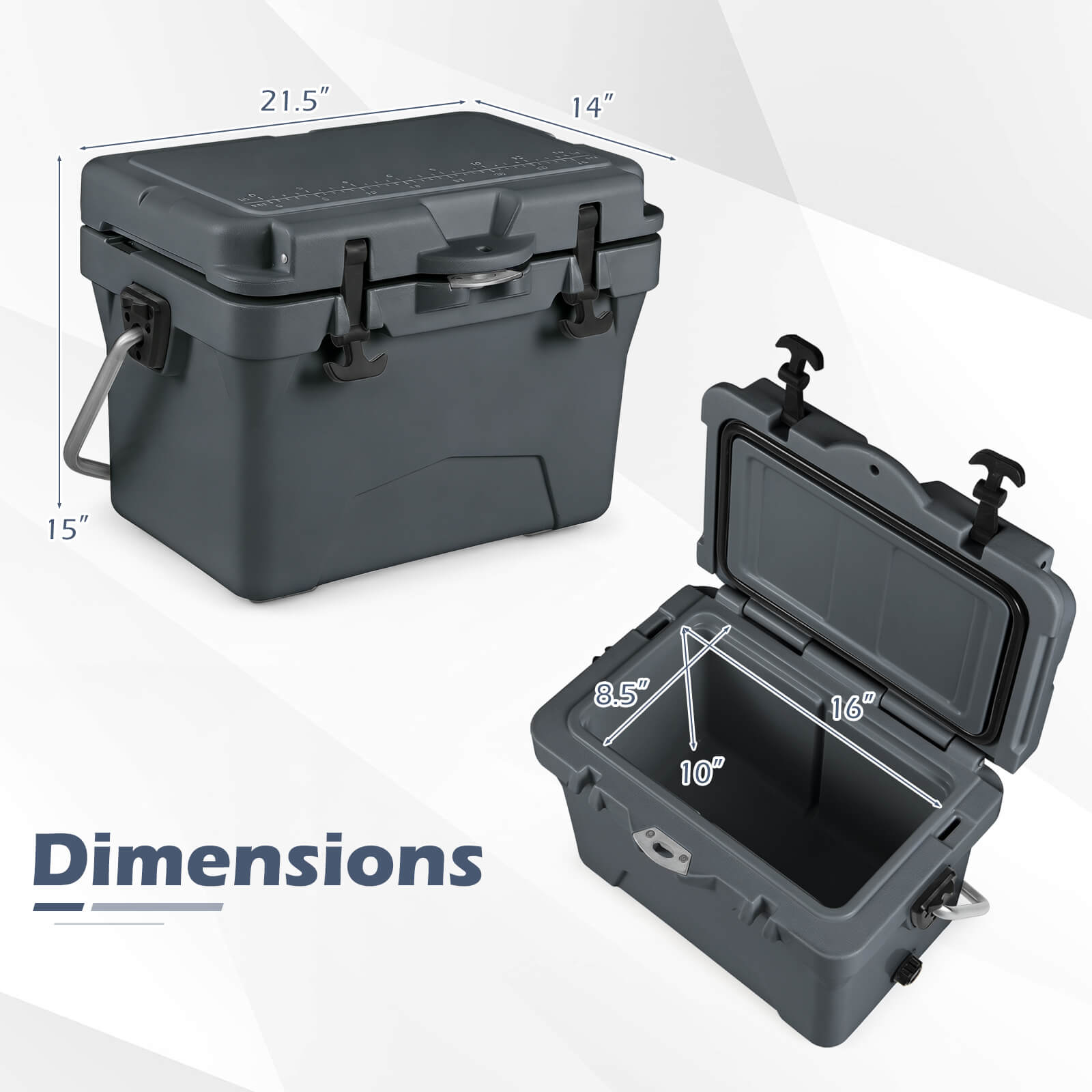 21.5" x 14" x 15"  
16" x 10" x 8.5"  
Dimensions