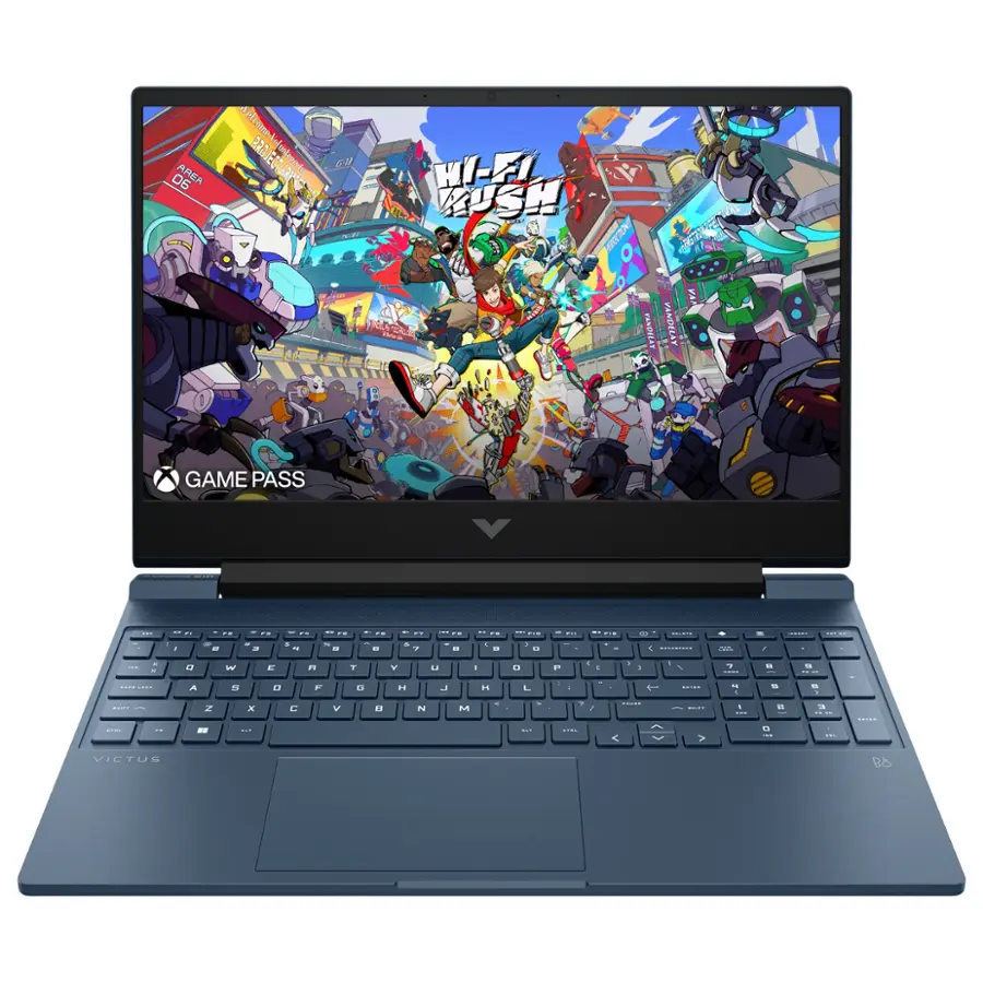 The image features a laptop computer with a video game displayed on the screen. The game is called "Alien Rush," and it appears to be a fast-paced, action-packed game. The laptop is open and ready for use, with the game taking up the entire screen. The game is likely part of the Xbox Game Pass, which offers a wide variety of games for users to enjoy.
