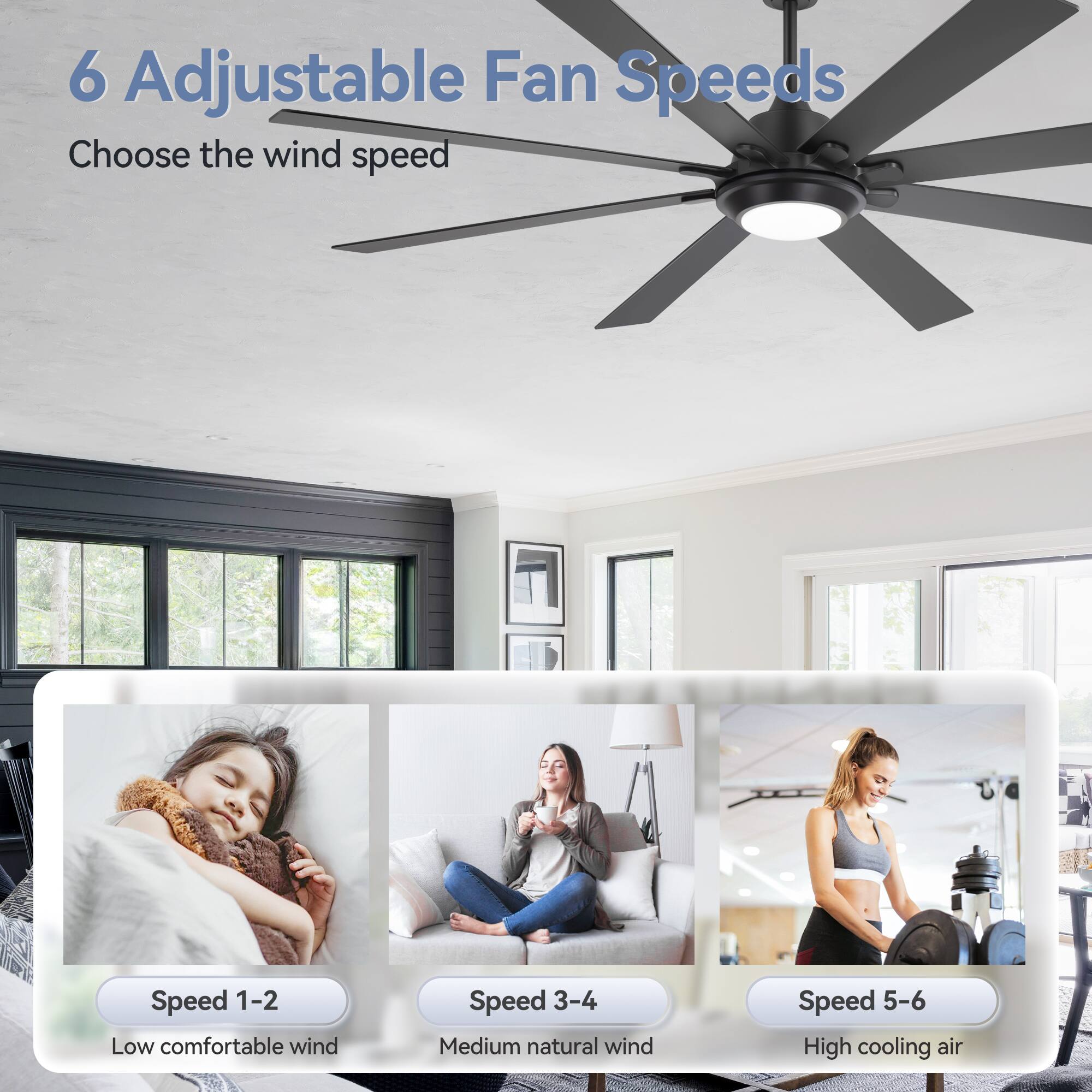 6 Adjustable Fan Speeds

Choose the wind speed

Speed 1-2 Low comfortable wind

Speed 3-4 Medium natural wind

Speed 5-6 High cooling air