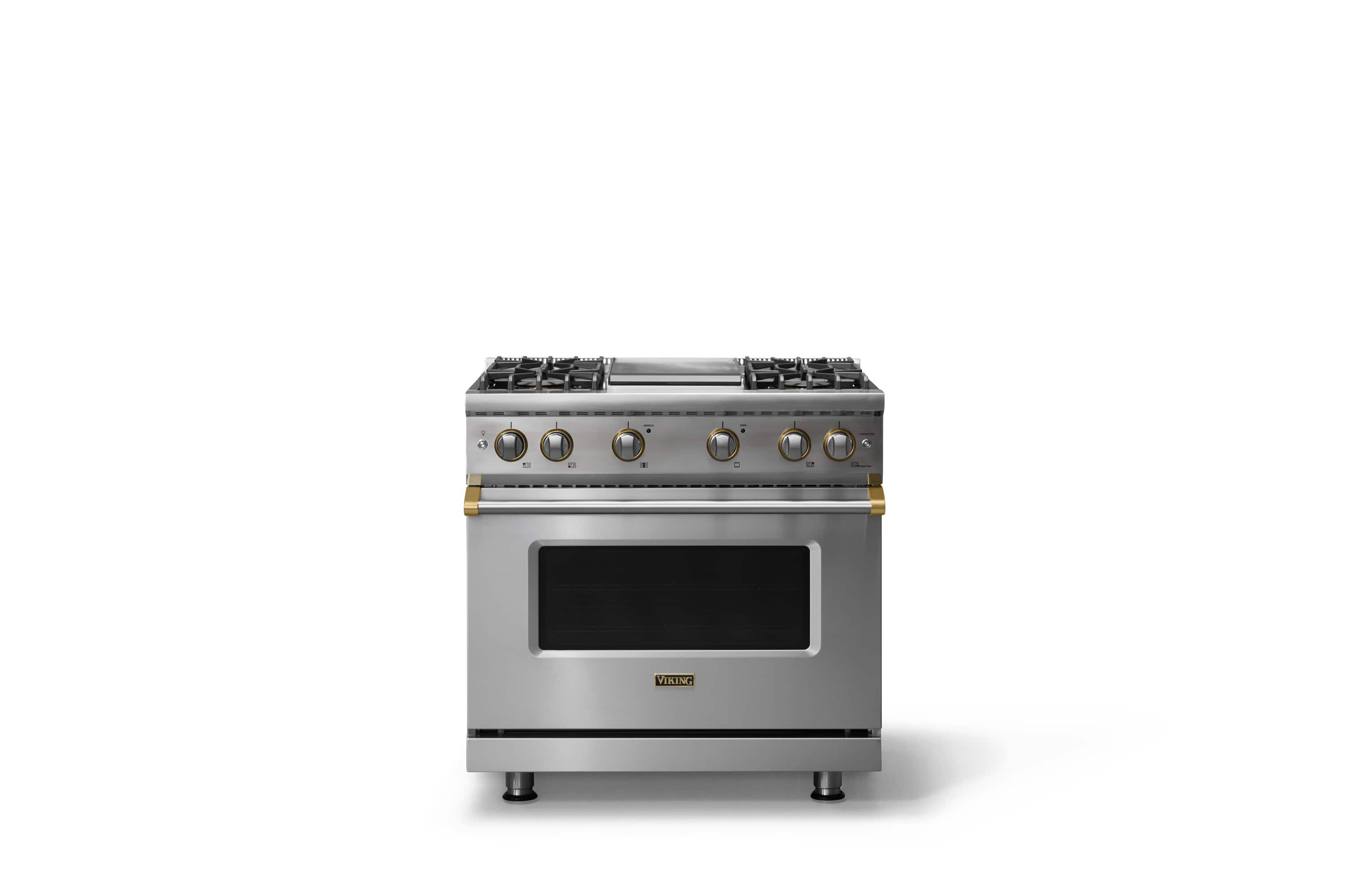 Front. Viking - 36"W. 5.1 Cu. Ft. Freestanding Manual Clean Sealed 4B Gas Convection Range/Griddle-Stainless Steel/Brushed Brass - Stainless Steel.
