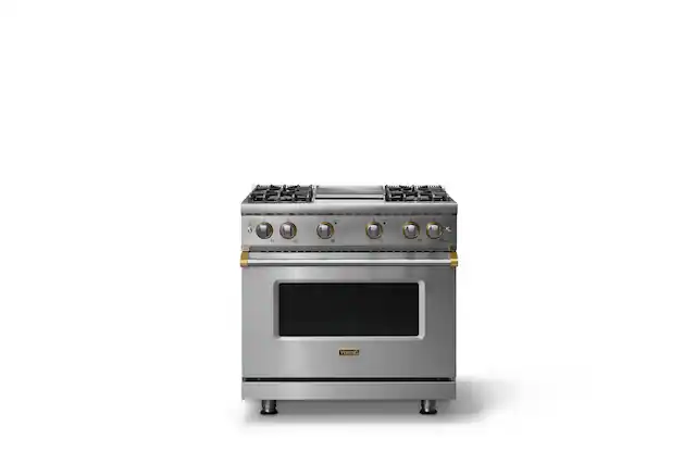 Front. Viking - 36"W. 5.1 Cu. Ft. Freestanding Manual Clean Sealed 4B LP Gas Convection Range/Griddle-Stainless Steel/Brushed Brass - Stainless Steel.