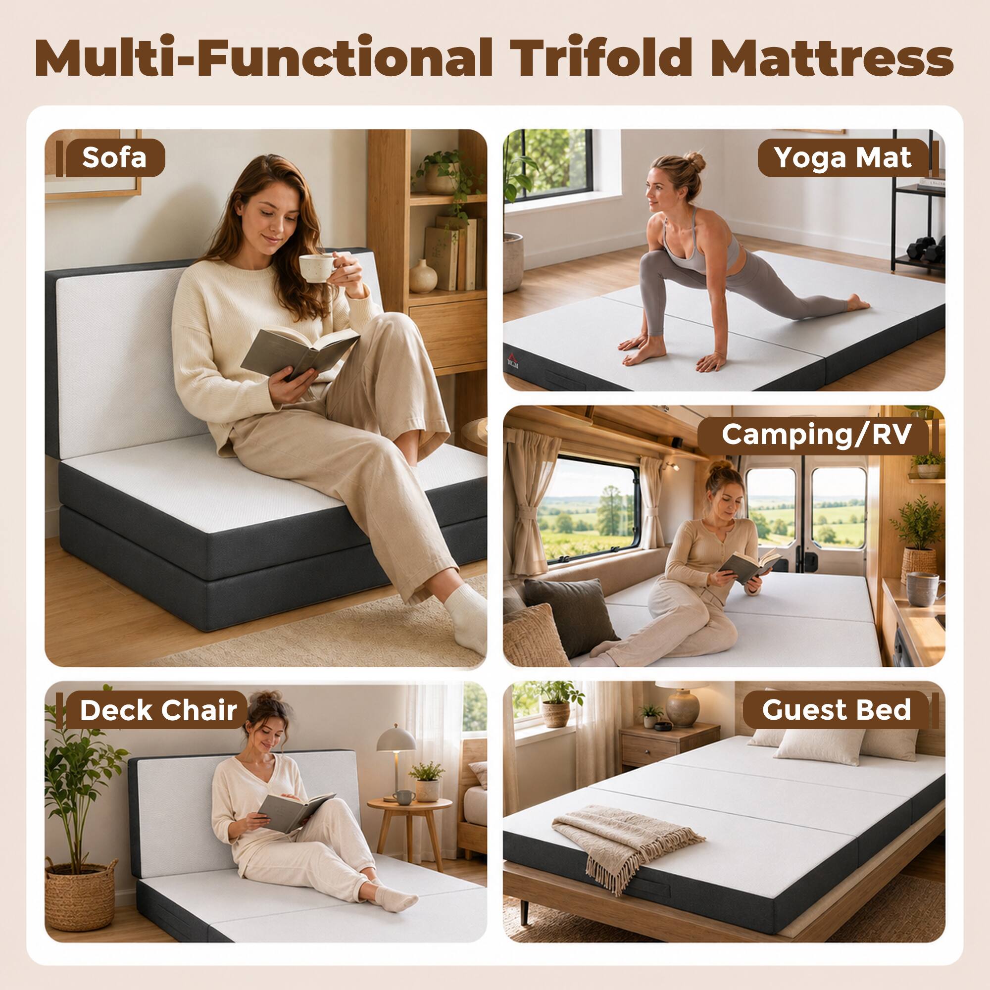 Multi-Functional Trifold Mattress Sofa Yoga Mat Camping/RV Deck Chair Guest Bed