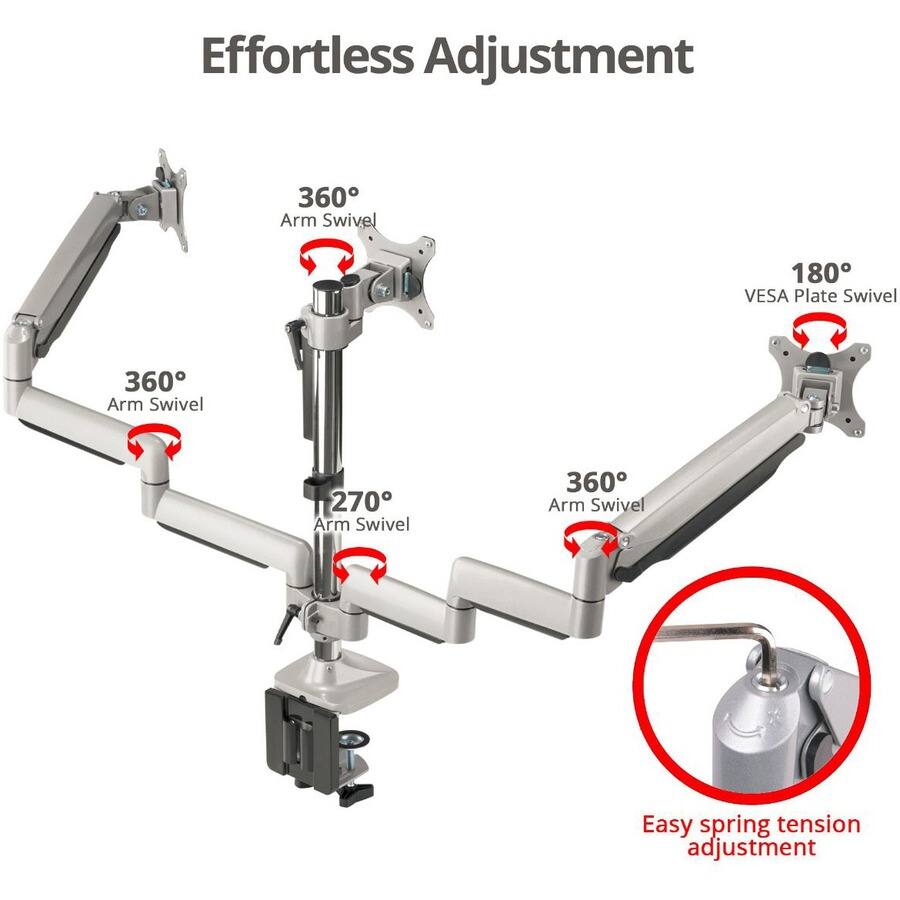 Effortless Adjustment

- 360° Arm Swivel
- 360° Arm Swivel
- 270° Arm Swivel
- 180° VESA Plate Swivel
- 360° Arm Swivel
- Easy spring tension adjustment