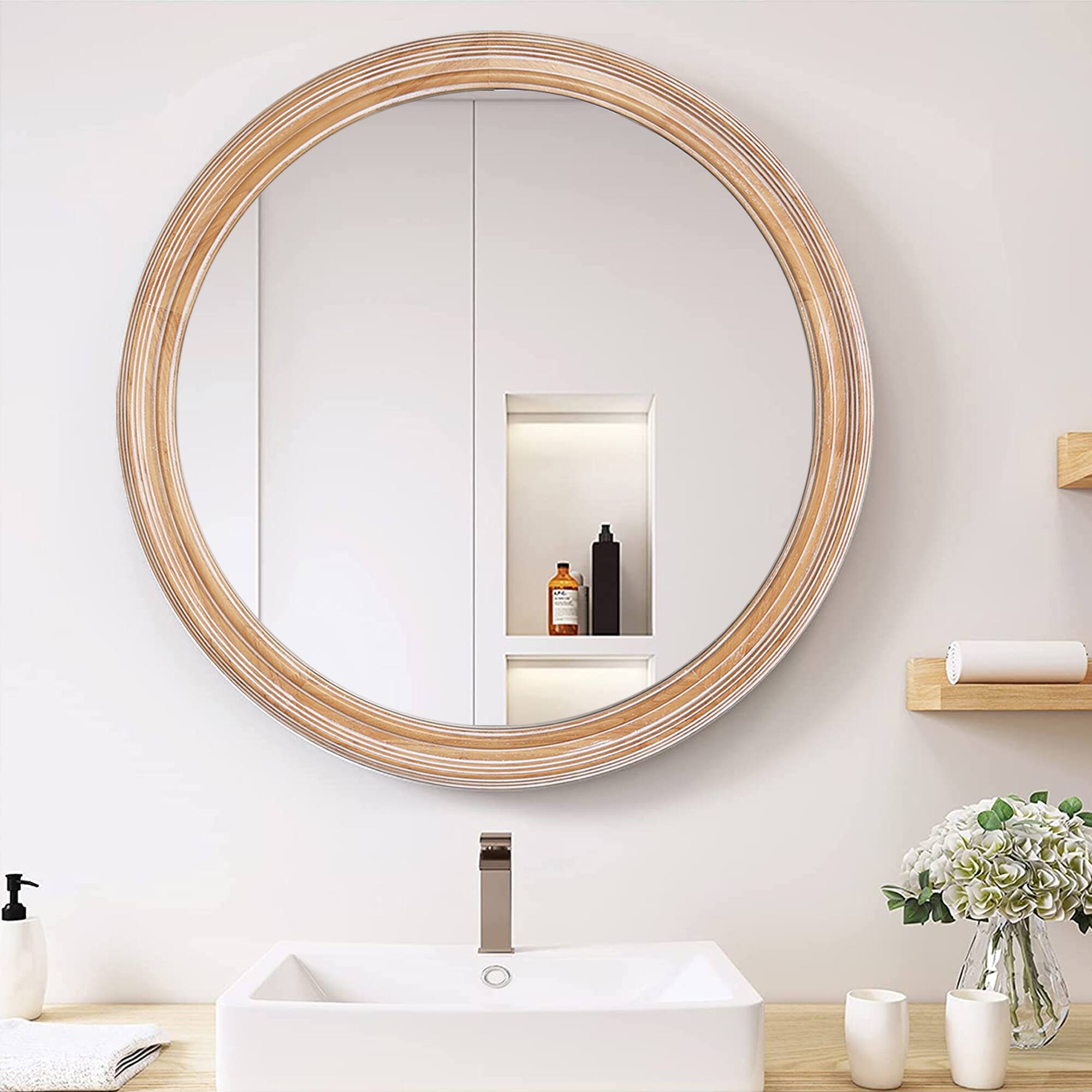 Alt View 5. PAIHOME - Round Wall Mirror for Bathroom Vanity, Wooden Farmhouse Circle Mirrors for Bedroom, Entryway, Living Room - 27.5” ×27.5"-Brown.