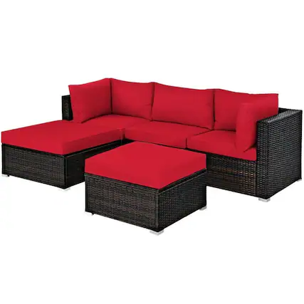 Front. Kadyn - 5 Pcs Patio Rattan Sofa Set with Cushion and Ottoman-Red, Patio Seating Conversation - Red.