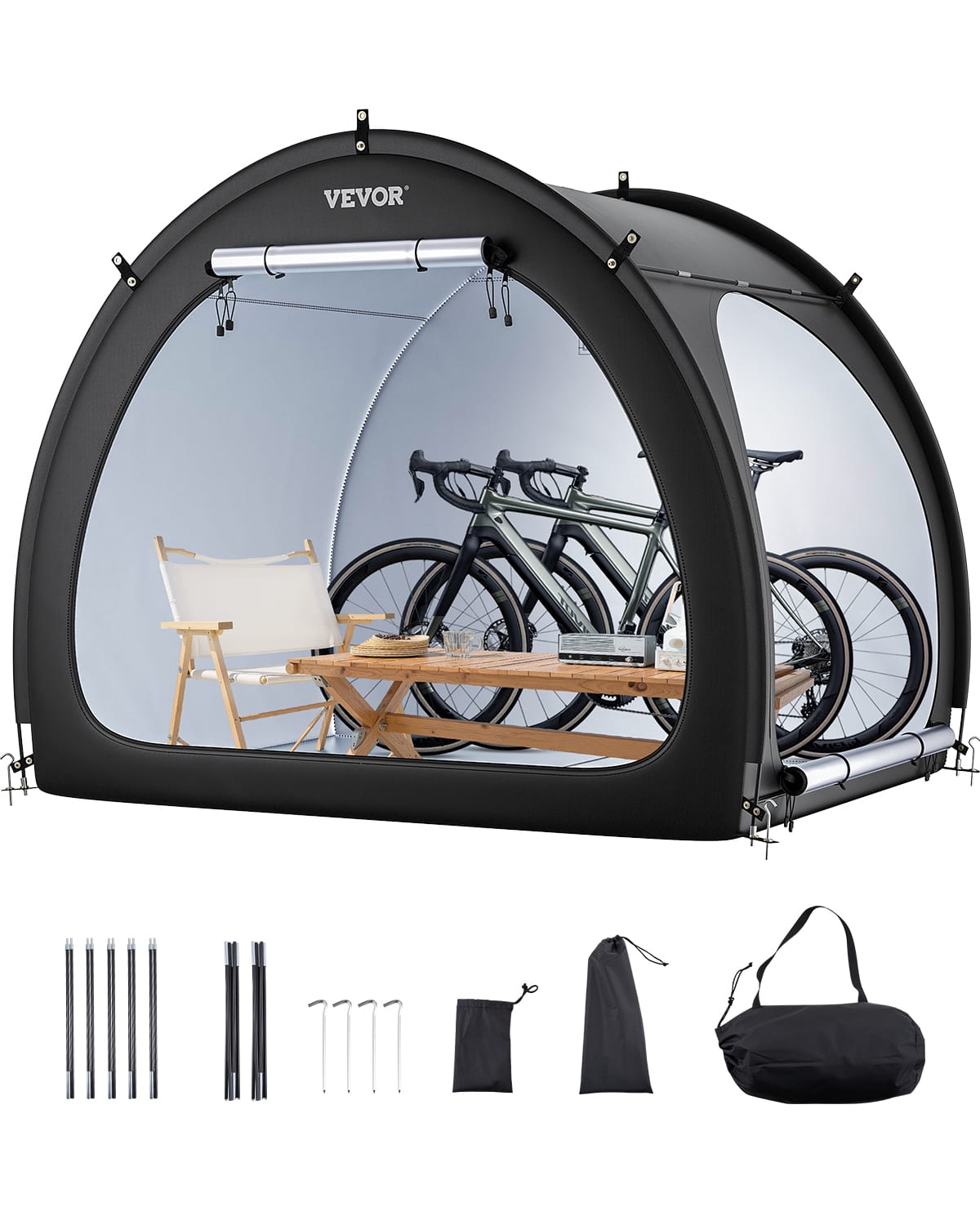 Front. VEVOR - 4 to 5 Bikes, Outdoor Spacious Bike Storage Tent with Ventilated Window, Waterproof Fan-Shaped Bike Tent - Black.
