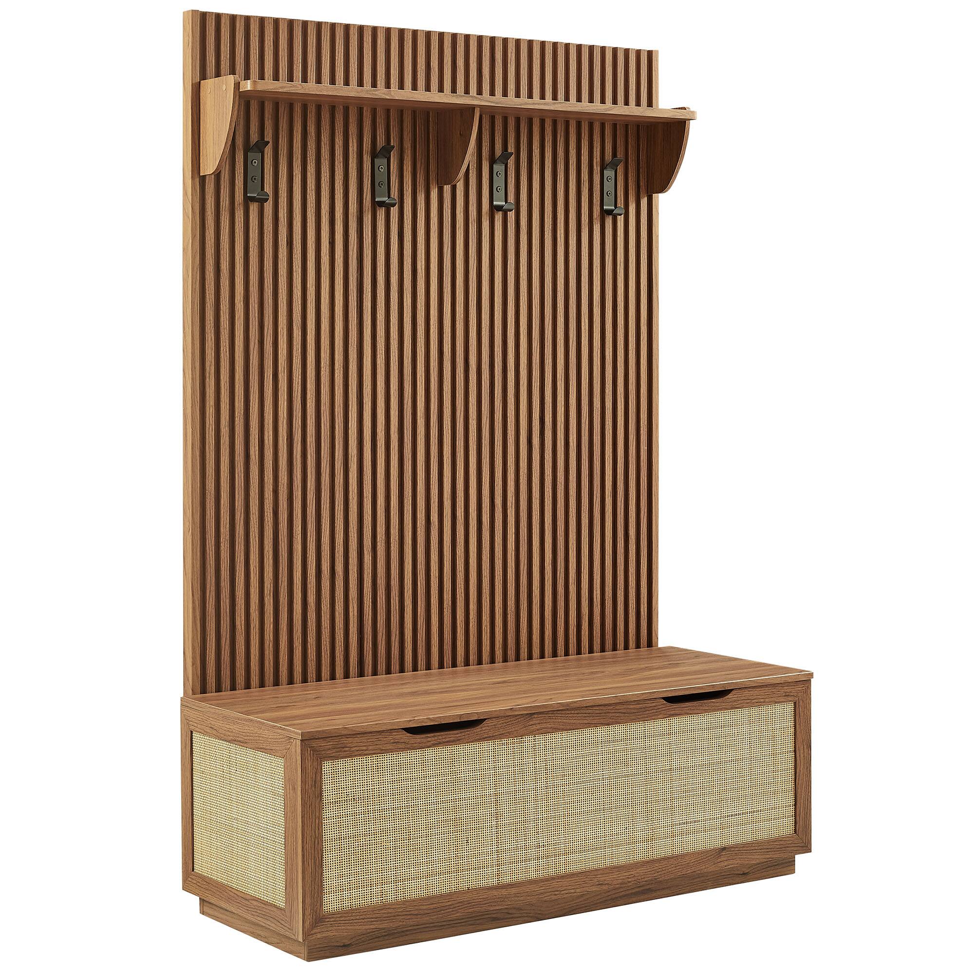 Angle. Modway - Soma Fluted 3-in-1 Hall Tree With Storage Bench and Coat Rack by Modway - Walnut.