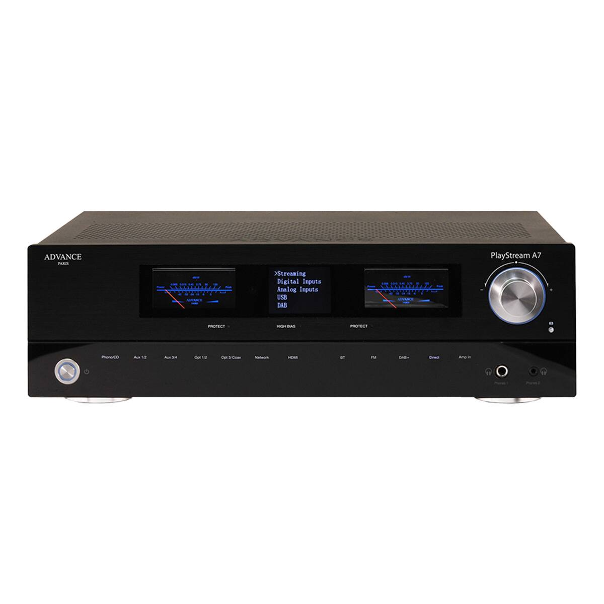 ADVANCE PLUS  
PlayStream A7  
WIL 125 1/5 ADVANCE  
Streaming Digital Inputs Analog Inputs USB DAB  
IN ADVANCE  
PROTECT  
HIG BAS  
PROTECT  
Photo CO  
Aux 12  
Aux 34  
Opt 12  
Opt 3 Com  
Network  
HDMI  
BT  
N  
CAB+  
Creat  
Ang in