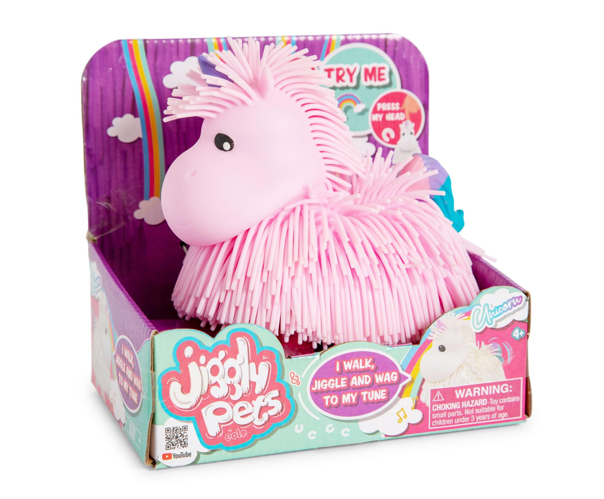 TRY ME PRESS MY HEAD  
I WALK, JIGGLE AND WAG TO MY TUNE  

Jiggly Pets  
Unicorn  

WARNING: CHOKING HAZARD - Toy contains small parts. Not suitable for children under 3 years of age.