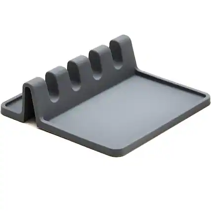 Front. Cheer Collection - Silicone Spoon Rest – Heat-Resistant Utensil Holder with 4 Slots for Kitchen - Grey.