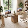 Front. Bestier - Executive Office Desk with Fluted 3 Drawers File Cabinet Letter Legal A4 Rounded Edges Workstation - Brown Oak.