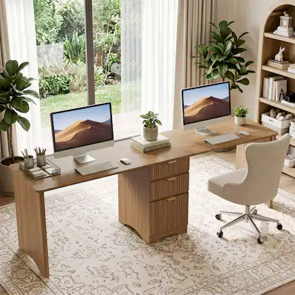 Front. Bestier - Executive Office Desk with Fluted 3 Drawers File Cabinet Letter Legal A4 Rounded Edges Workstation - Brown Oak.