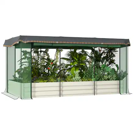 Front. Outsunny - 7.3 x 3.4 x 1 ft Galvanized Raised Garden Bed with Crop Cage Plant Protection Net and Shade Cloth Roof - Beige.