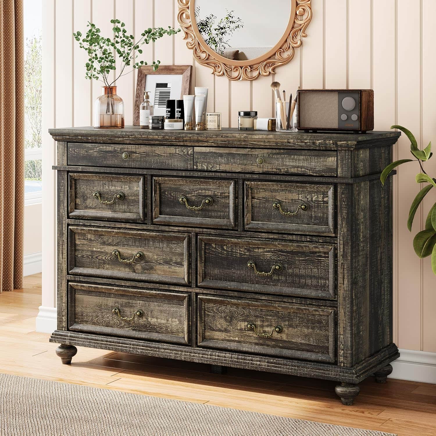 GARVEE - Black 9 Drawer Dresser for Bedroom, 47" Wide Rustic Chest with Vintage Metal Handles, Wood Organizer for Closet - Black