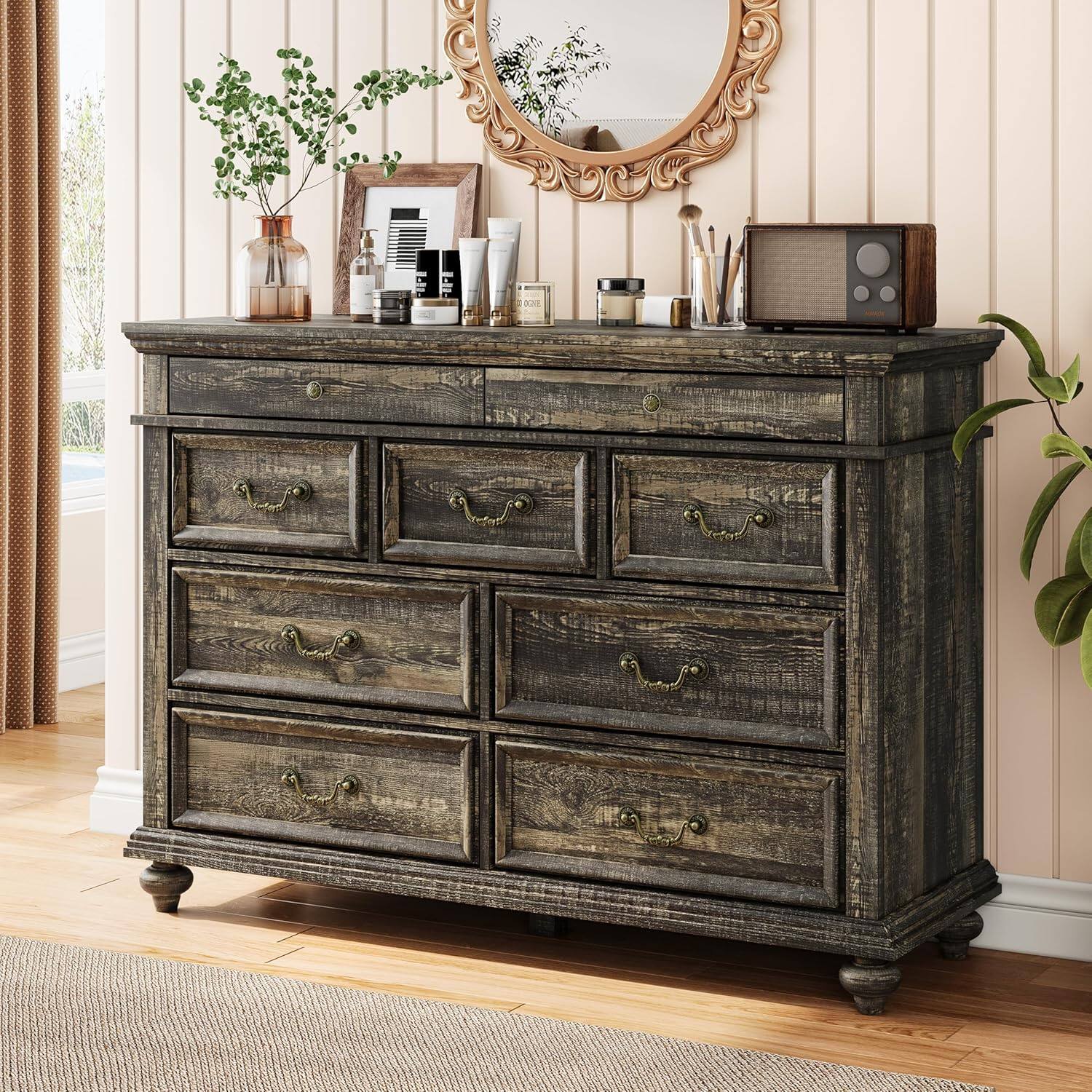 Front. GARVEE - Black 9 Drawer Dresser for Bedroom, 47" Wide Rustic Chest with Vintage Metal Handles, Wood Organizer for Closet - ‎Black.