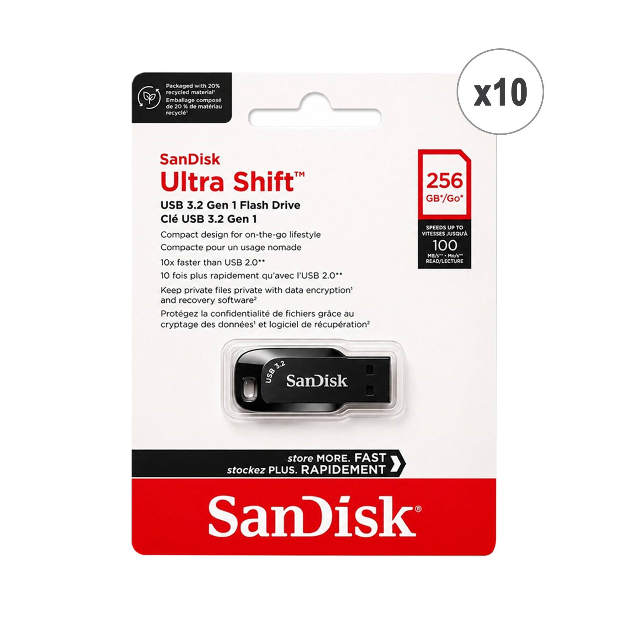 Packaged with 20% recycled material  
Emballage compose de 20 % de materiau recyclé  

SanDisk Ultra Shift™  
USB 3.2 Gen 1 Flash Drive  
Clé USB 3.2 Gen 1  

Compact design for on-the-go lifestyle  
Compacte pour un usage nomade  

10x faster than USB 2.0**  
10 fois plus rapidement qu'avec USB 2.0  

Keep private files private with data encryption and recovery software  
Protégez la confidentialité de fichiers grâce au cryptage des données et logiciel de récupération  

256 GB  
VITESSES JUSQU'A 100 A" Mos" READ/LECTURE  

SanDisk  
store MORE. FAST  
stockez PLUS. RAPIDEMENT