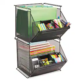 Safco - Onyx Stackable Mesh Storage Bin, 4 Compartments, Steel Mesh, 14 x 15.5 x 11.75, Black