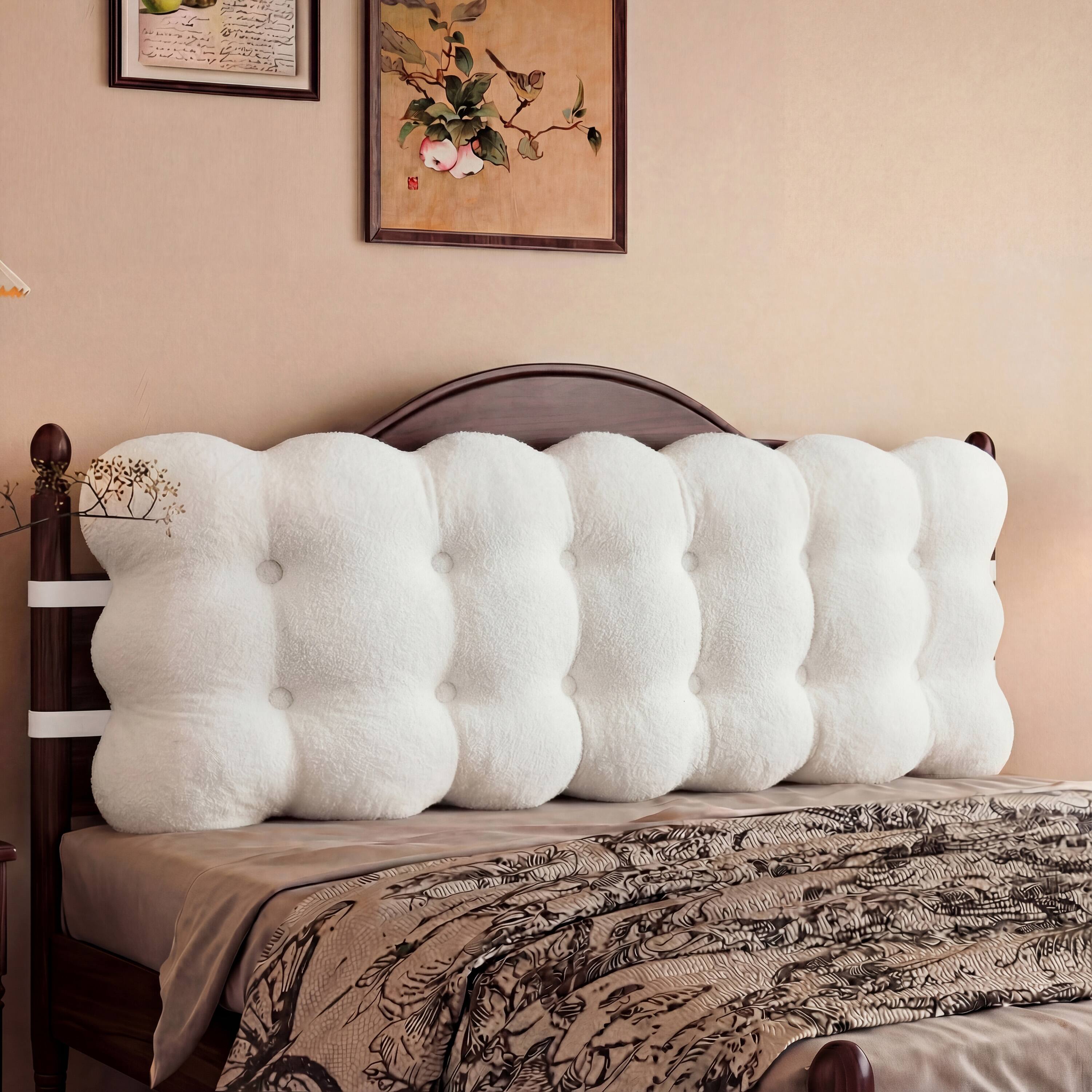 Front. wowmax - Upholstered Headboard Queen Bed,Wall MountedHeadboard Pillow with Straps,Large Reading Pillow for Bed,60x24x8 Inch - White.