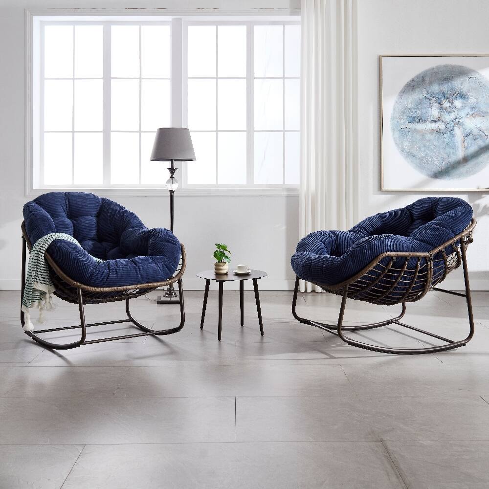 Alt View 9. Loheer - Loheer Outdoor Rattan Rocking Chair Oversized Egg Chair Padded Cushion Navy Blue - Navy Blue.