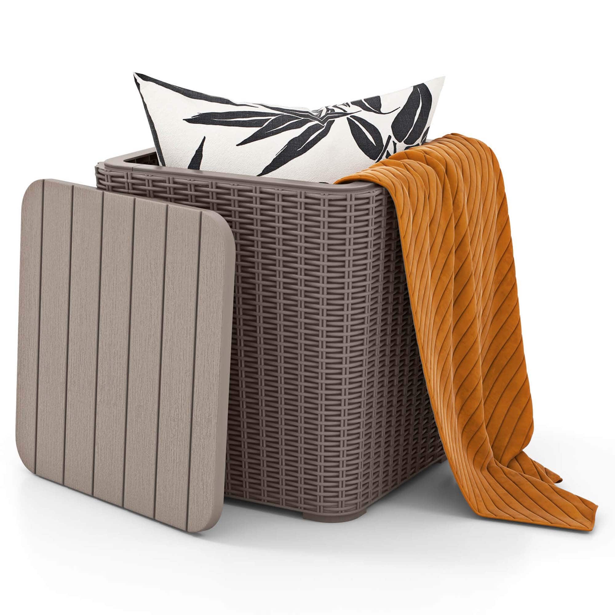 Costway - 11.5 Gallon Water-proof Deck Box with Removable Lid Storage Container Side Table - Brown