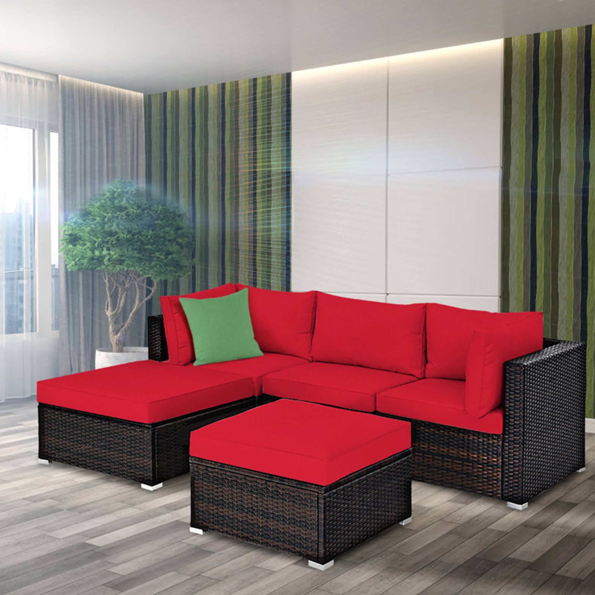 Alt View 3. Gymax - Gymax 5PCS Rattan Patio Conversation Set Outdoor Furniture Set w/ Ottoman Red Cushion - Red.