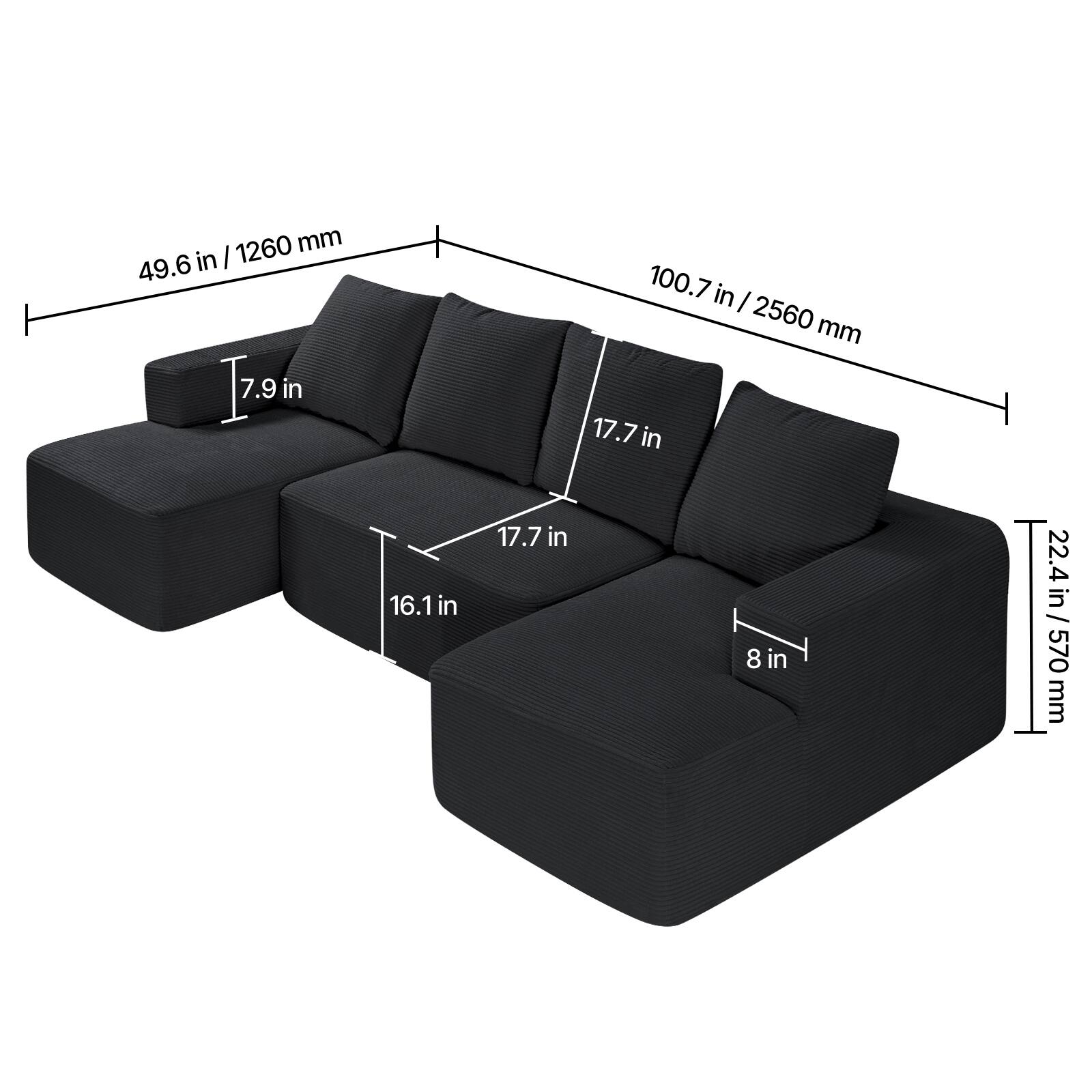 - 49.6 in / 1260 mm
- 100.7 in / 2560 mm
- 22.4 in / 570 mm
- 7.9 in
- 17.7 in
- 16.1 in
- 8 in