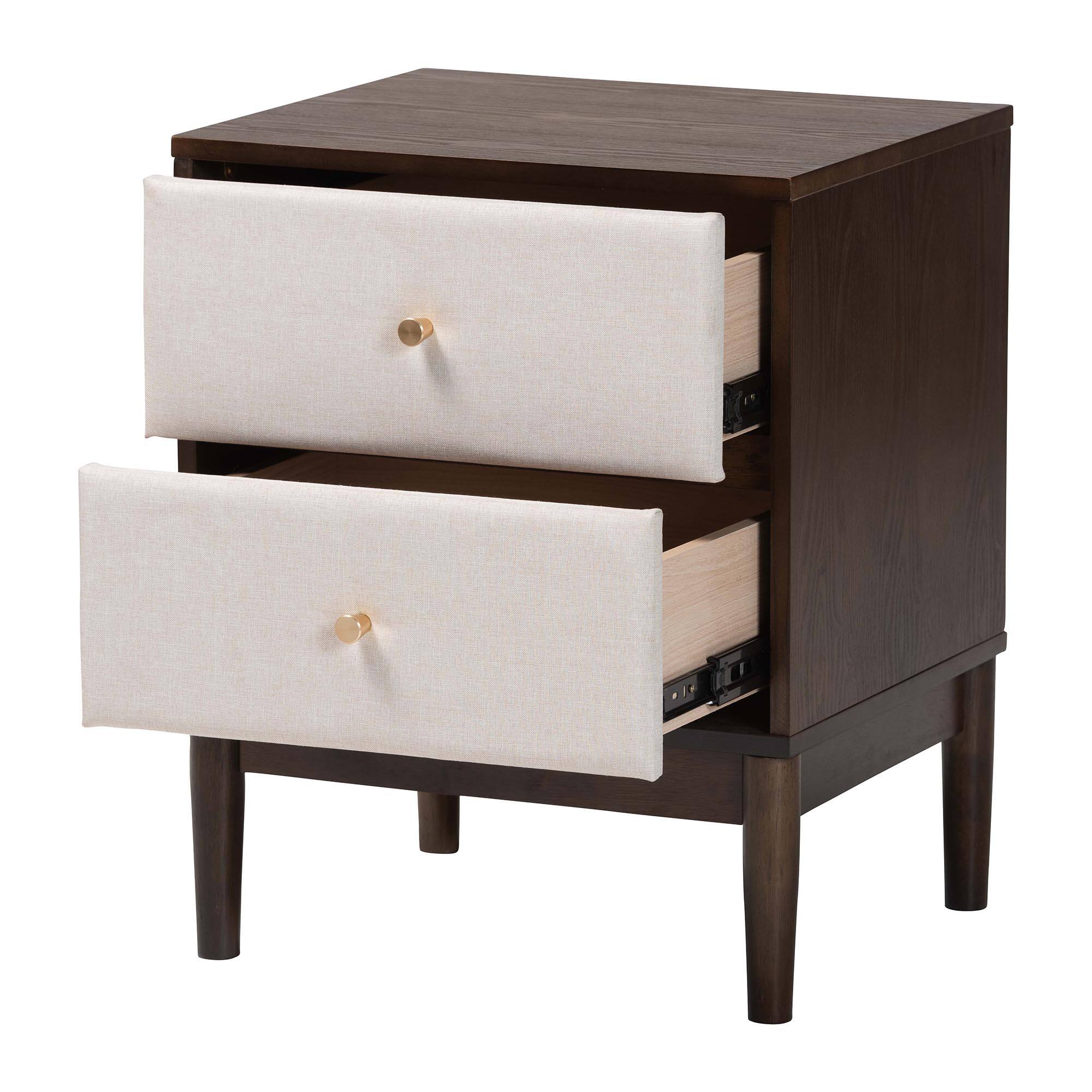 Angle. Baxton Studio - Nikolai Mid-Century Fabric and Wenge Brown Wood 2-Drawer Nightstand - Beige/Wenge Brown.