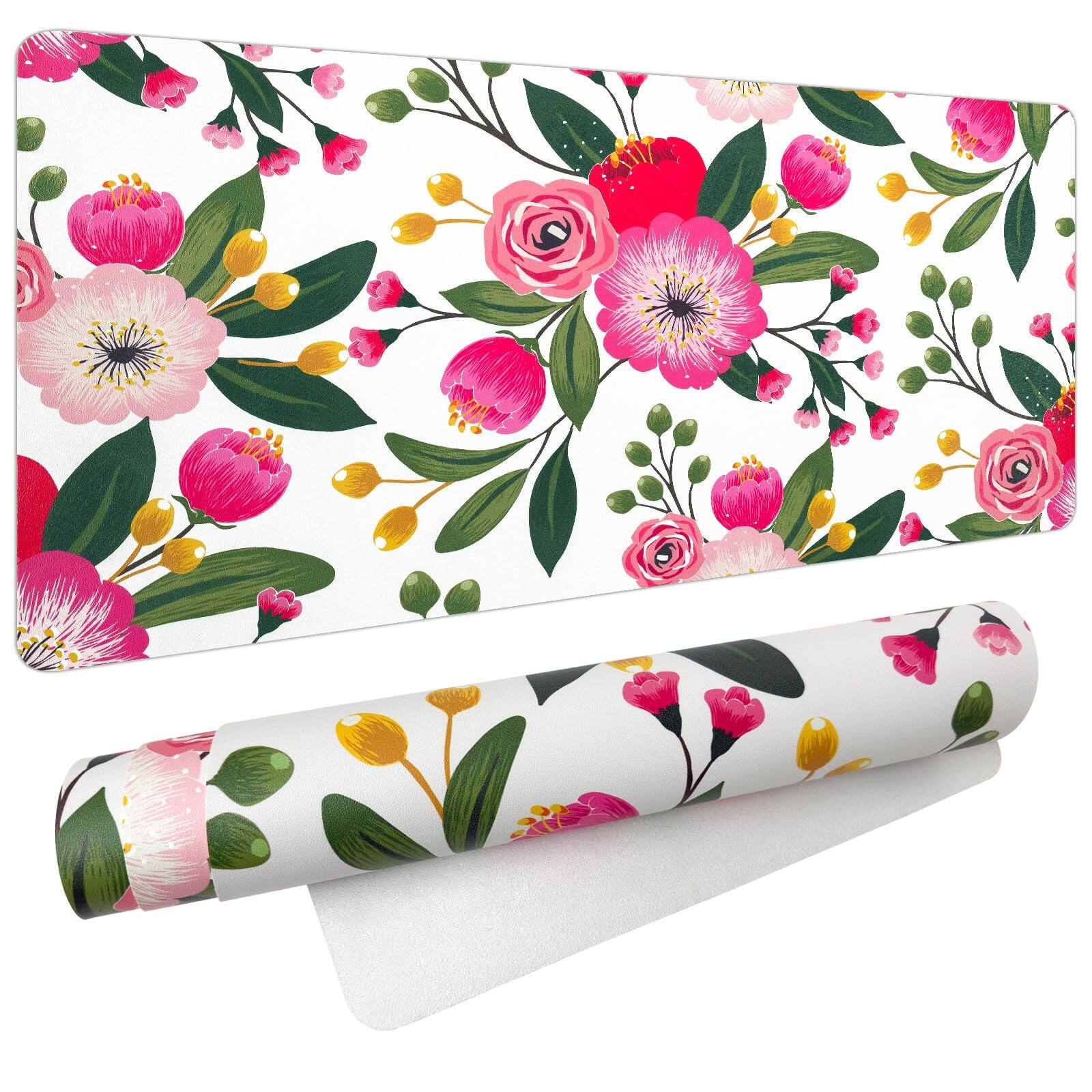 Front. Fabibe - Red Leather Desk Mat Protector Large Mouse Pad Dual-side Use Pads Office Desks Mats Laptop Waterproof Keyboard/writin... - Pink-flower 31.5" x 15.7".