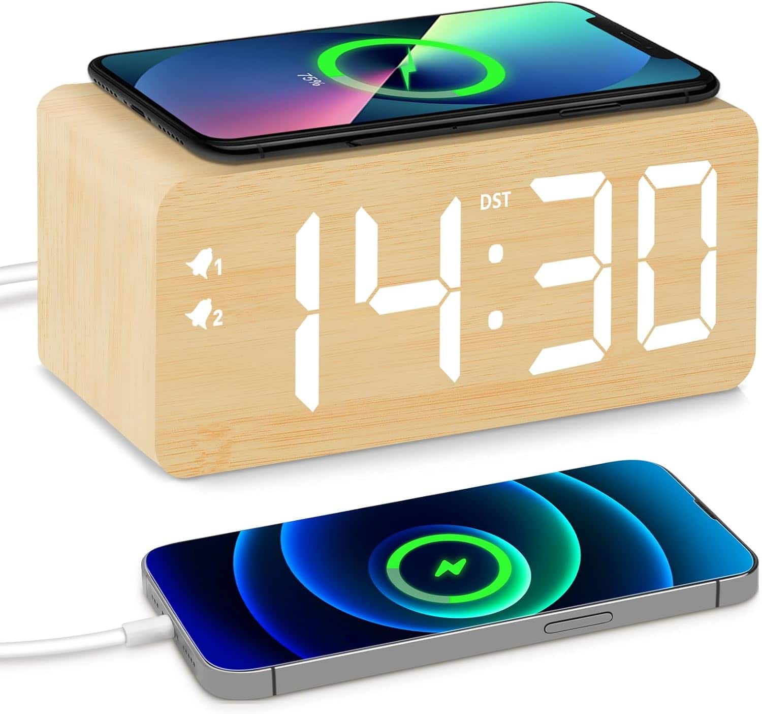 Stamp n Camp - Wood Digital Alarm Clock with 10W Fast Wireless Charger, USB Charging Ports, DST, Dimmable, Snooze, Large Number LED - Bamboo