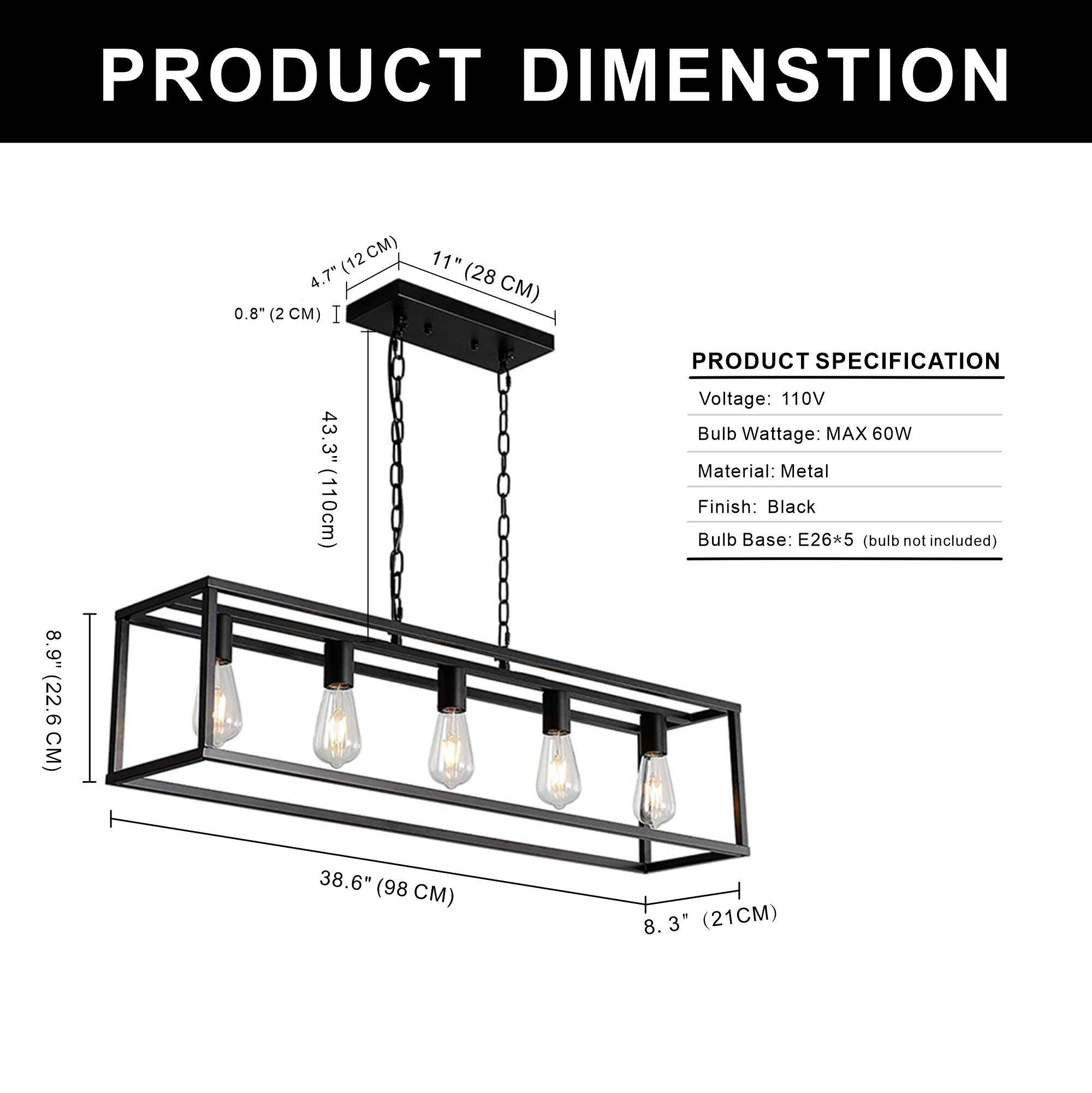 PRODUCT DIMENSION

- 4.7" (12 CM)
- 11" (28 CM)
- 0.8" (2 CM)
- 43.3" (110 CM)
- 8.9" (22.6 CM)
- 38.6" (98 CM)
- 8.3" (21 CM)

PRODUCT SPECIFICATION

- Voltage: 110V
- Bulb Wattage: MAX 60W
- Material: Metal
- Finish: Black
- Bulb Base: E26*5 (bulb not included)