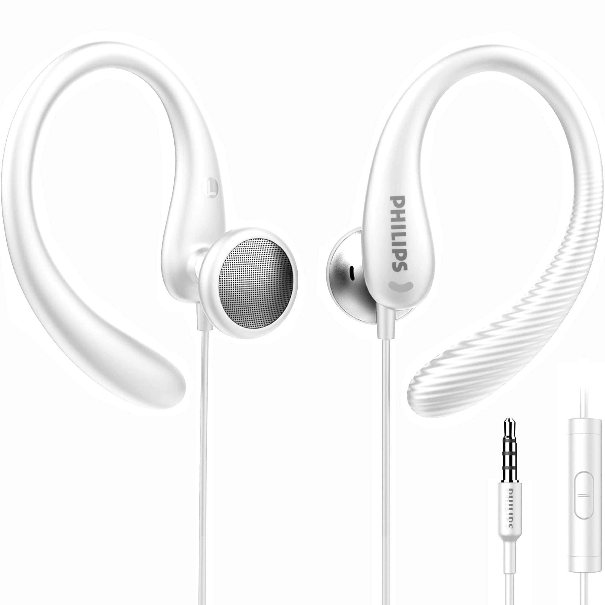 Philips - Over Ear Wired Earbuds With Mic, IPX2 Sweat Resistant, 3.5 mm Jack For Sports And Workouts (TAA1105) - White