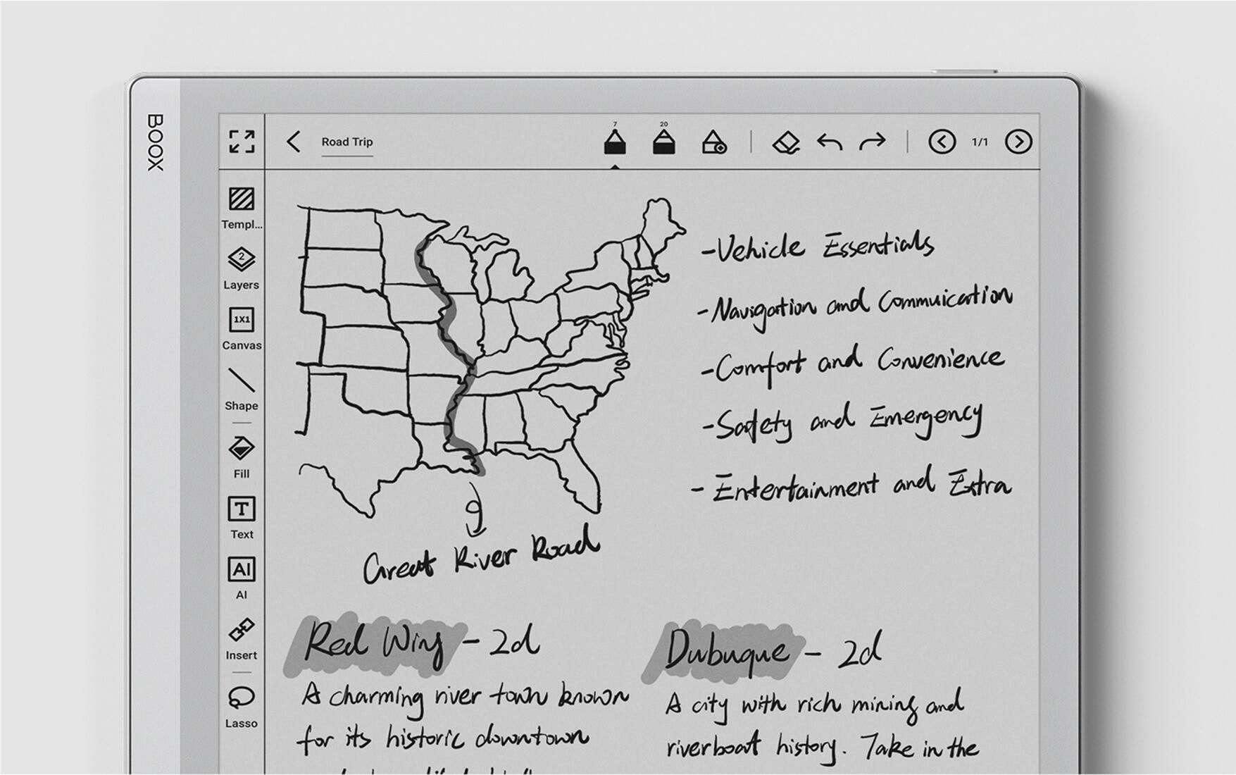 Road Trip 20 | 1/1 > Templates 2 Layers 1X1 Canvas Shape Fill T Text AI AI Insert Lasso -Vehicle Essentials and Communication -Navigation -Comfort and Convenience -Safety and Emergency -Entertainment and Extras -Red Wing 2d Dubuque 2d A charming river town known for its historic downtown riverboat district and rich mining history.