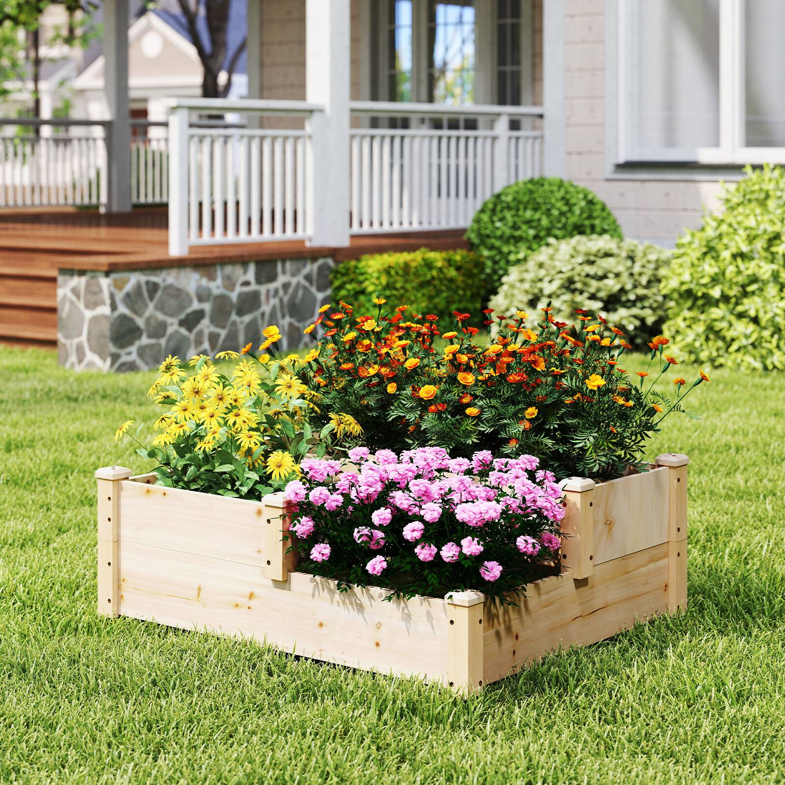 Angle. SlickBlue - 3-Tier Wooden Raised Garden Bed with Open-Ended Base for Vegetables and Flowers - Natural.