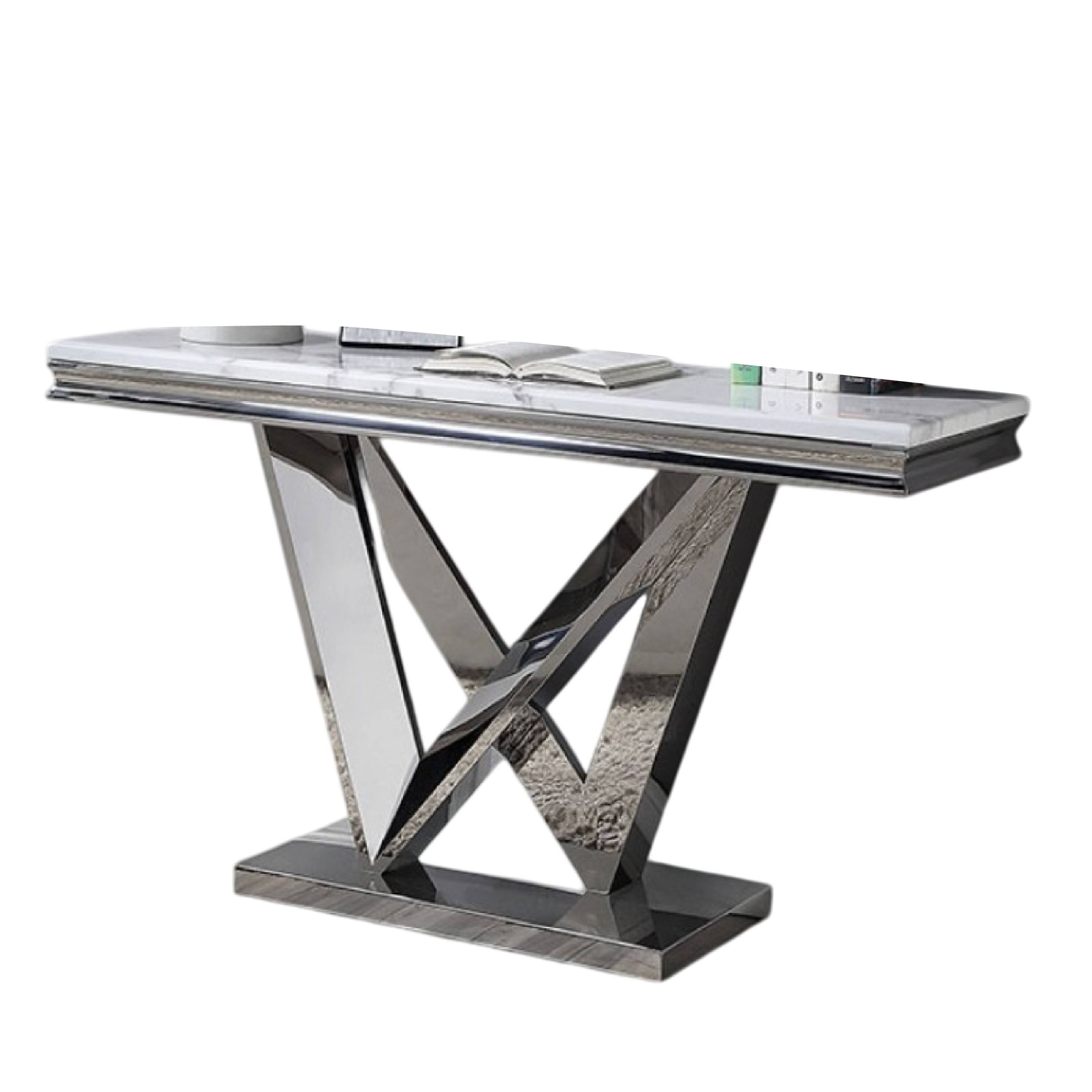 Alt View 1. Manhattan Lane - Vily Sofa Console Table, Beveled Faux Marble, Chrome Steel V-Base - Chrome, White.