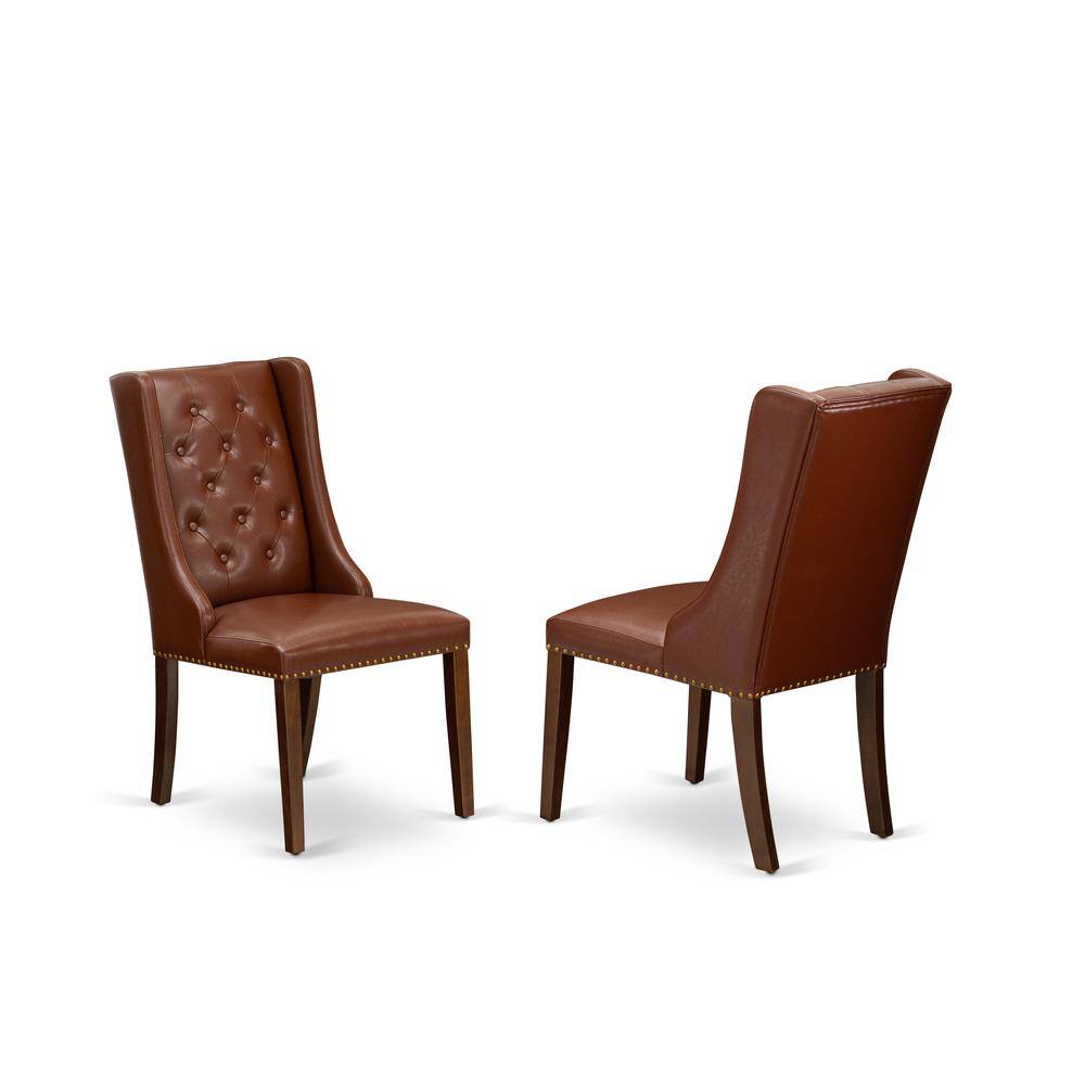 East West Furniture - Linen Fabric Upholstered Dining Chairs and Button Tufted Back with Mahogany Rubber Wood Legs - Set of 2 - Brown