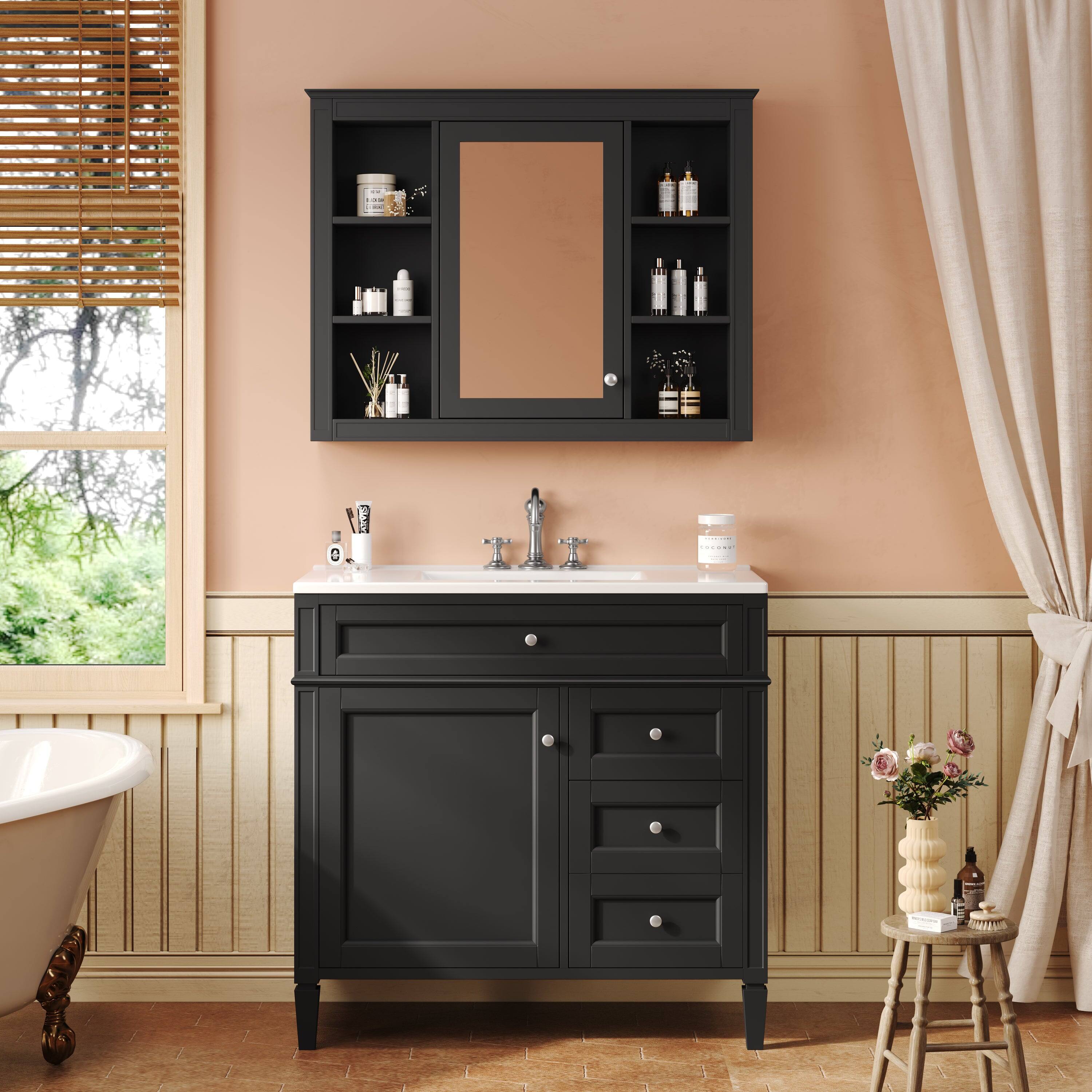 Alt View 1. Boyel Living - 36 Inch Bathroom Vanity Set with Mirror Cabinet Resin Sink 3 Drawers 2 Doors Black - Black.