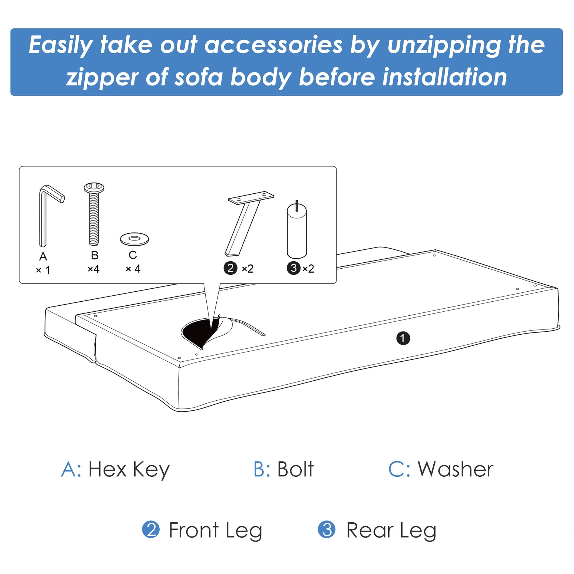 Easily take out accessories by unzipping the zipper of sofa body before installation

A: Hex Key x 1  
B: Bolt x 4  
C: Washer x 4  

2 Front Leg x 2  
3 Rear Leg x 2