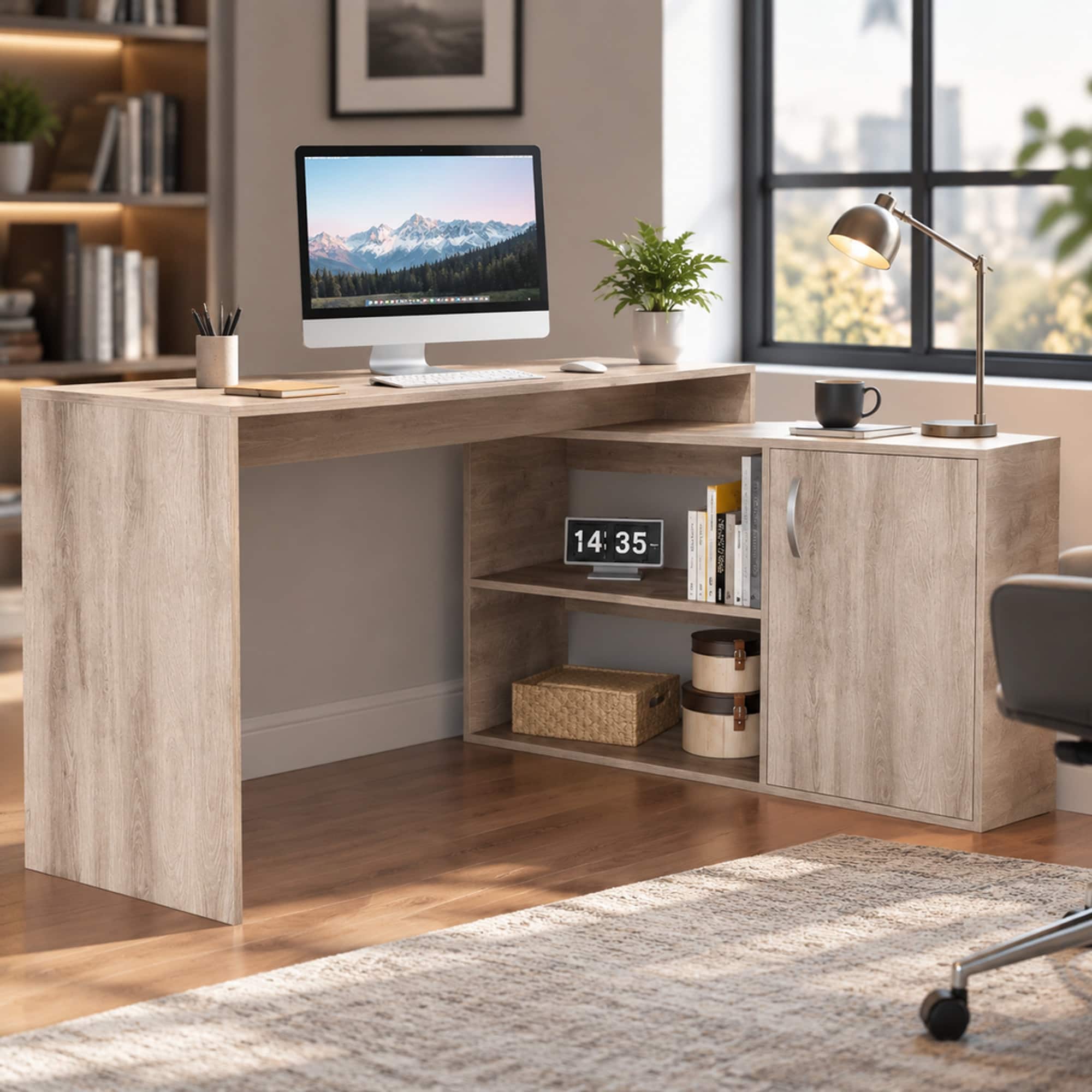 RYHNUYNE - Modern L-Shaped Computer Desk, 59 Inch Corner Workstation, Light Finish, Open Shelves and Storage Cabinet, Right - Gray